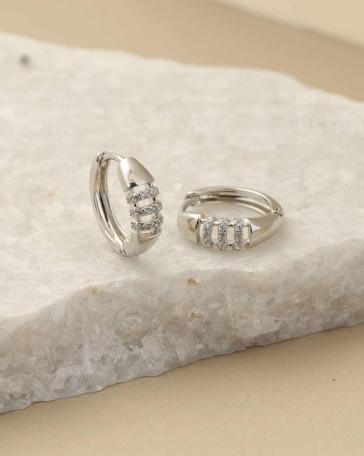 Rhodium-Plated Zircon Multi-Row Huggie Hoop Earrings ER 1449