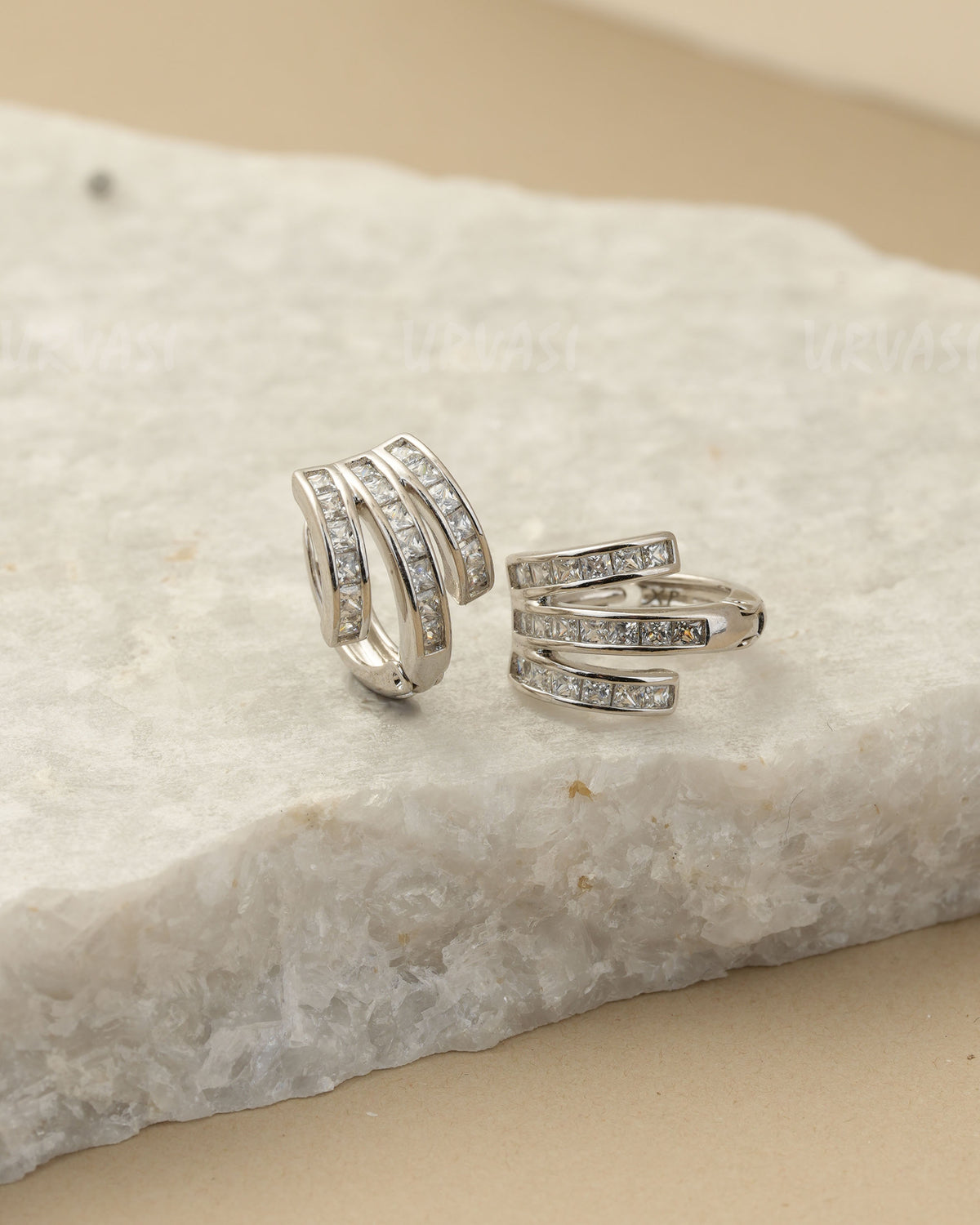 Rhodium Riple-Row Crystal Huggie Hoop Earrings ER 1445