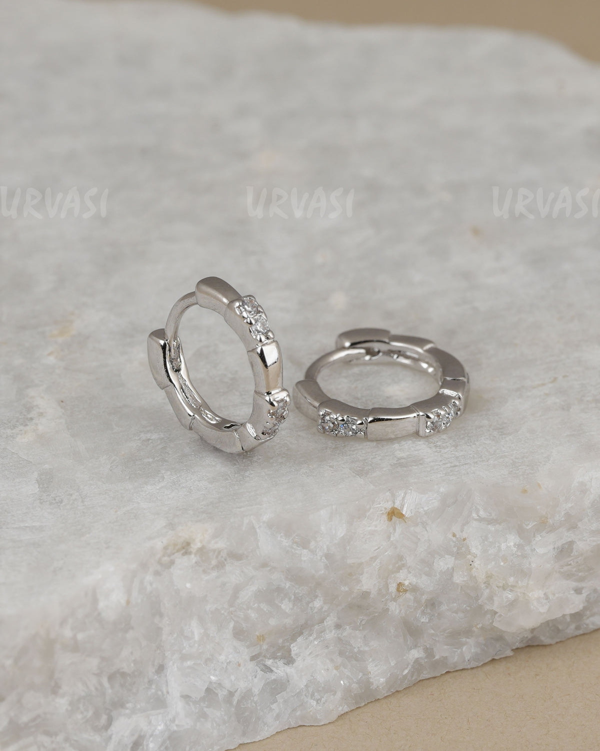 Rhodium Polish Bamboo-Style Huggie Hoop Earring ER 1446