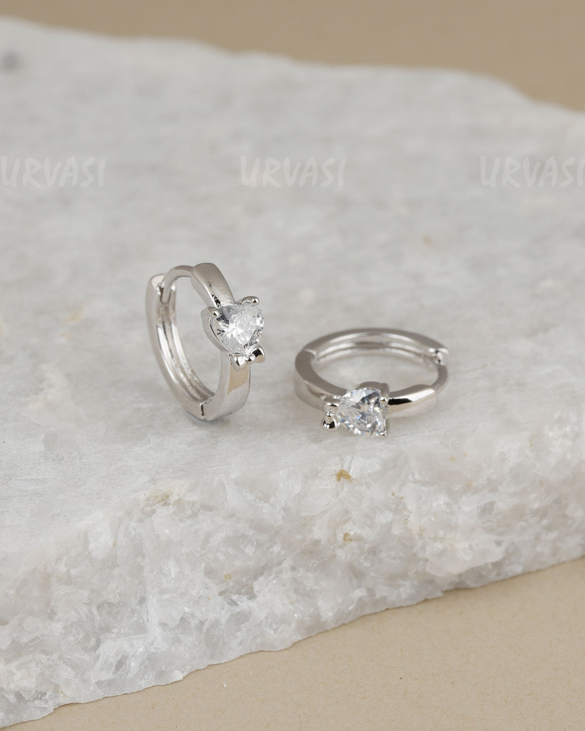 Rhodium-Plated Zircon Heart Huggie Hoop Earring ER 1450