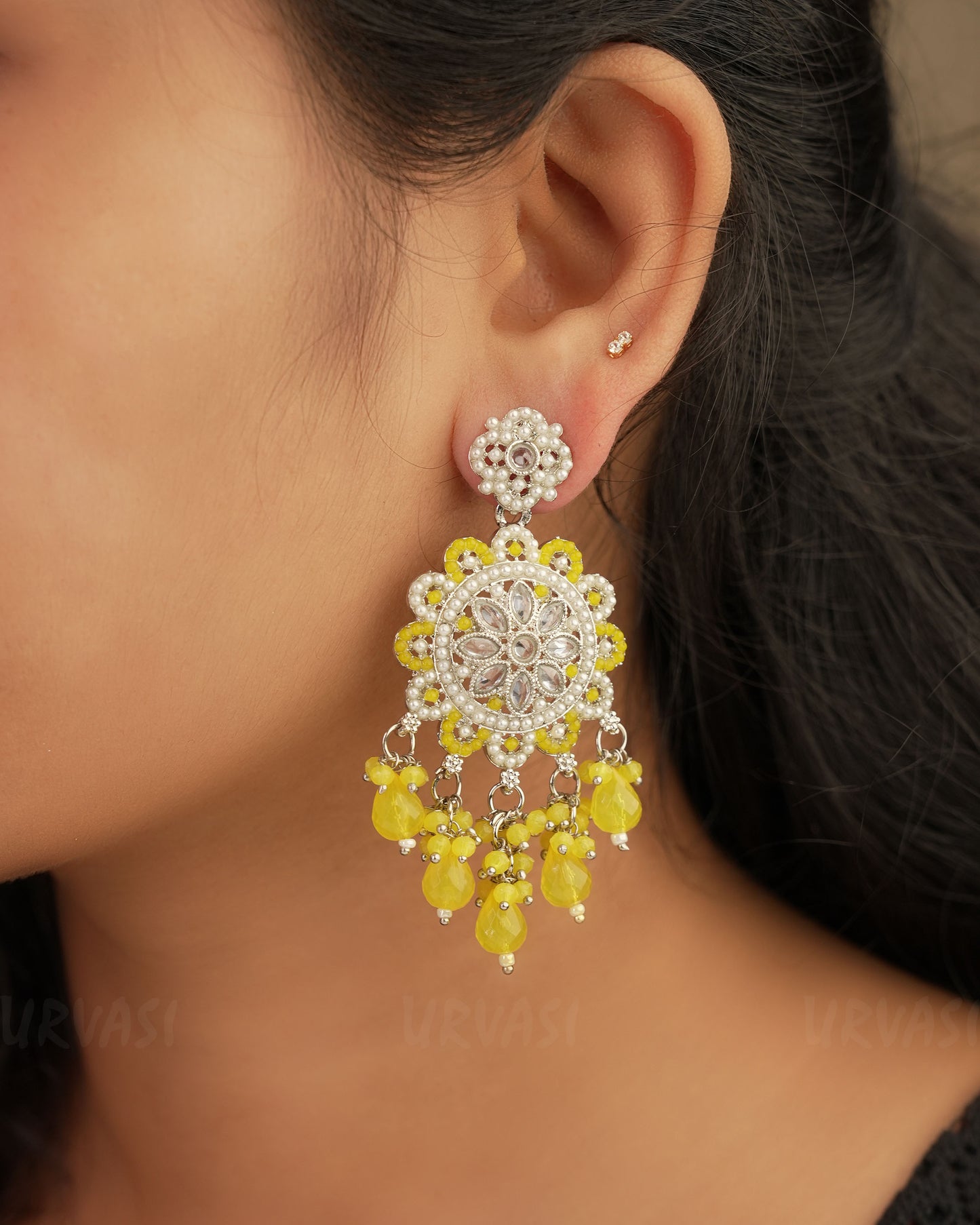 Rhodium Polish Reverse AD and Pearl Ghungroo Dangle Earrings ER 127