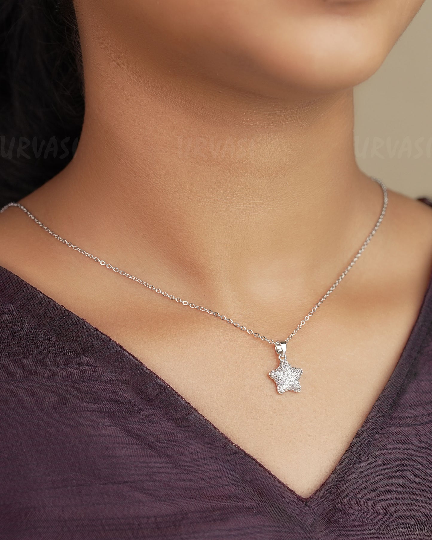 Rhodium Polish Star Designed AD Simple Chain SC 83