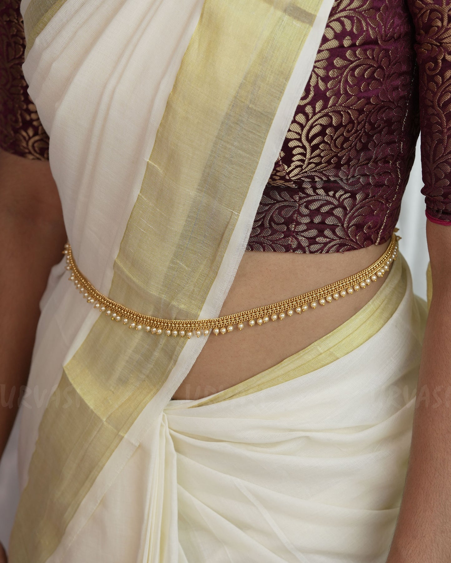 Gold-Toned White pearl Hanging Hip Chain HC 70