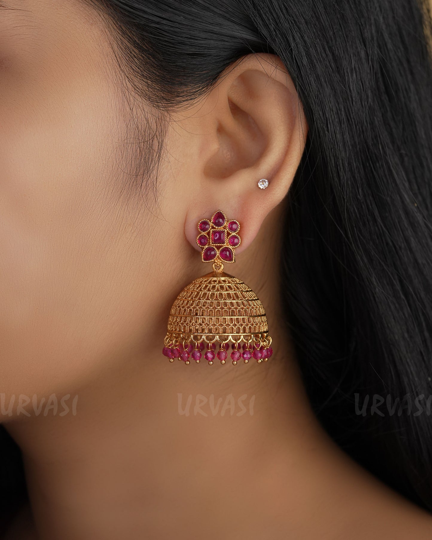 Gold-Toned floral Jhumka  Ruby Earrings ER 372