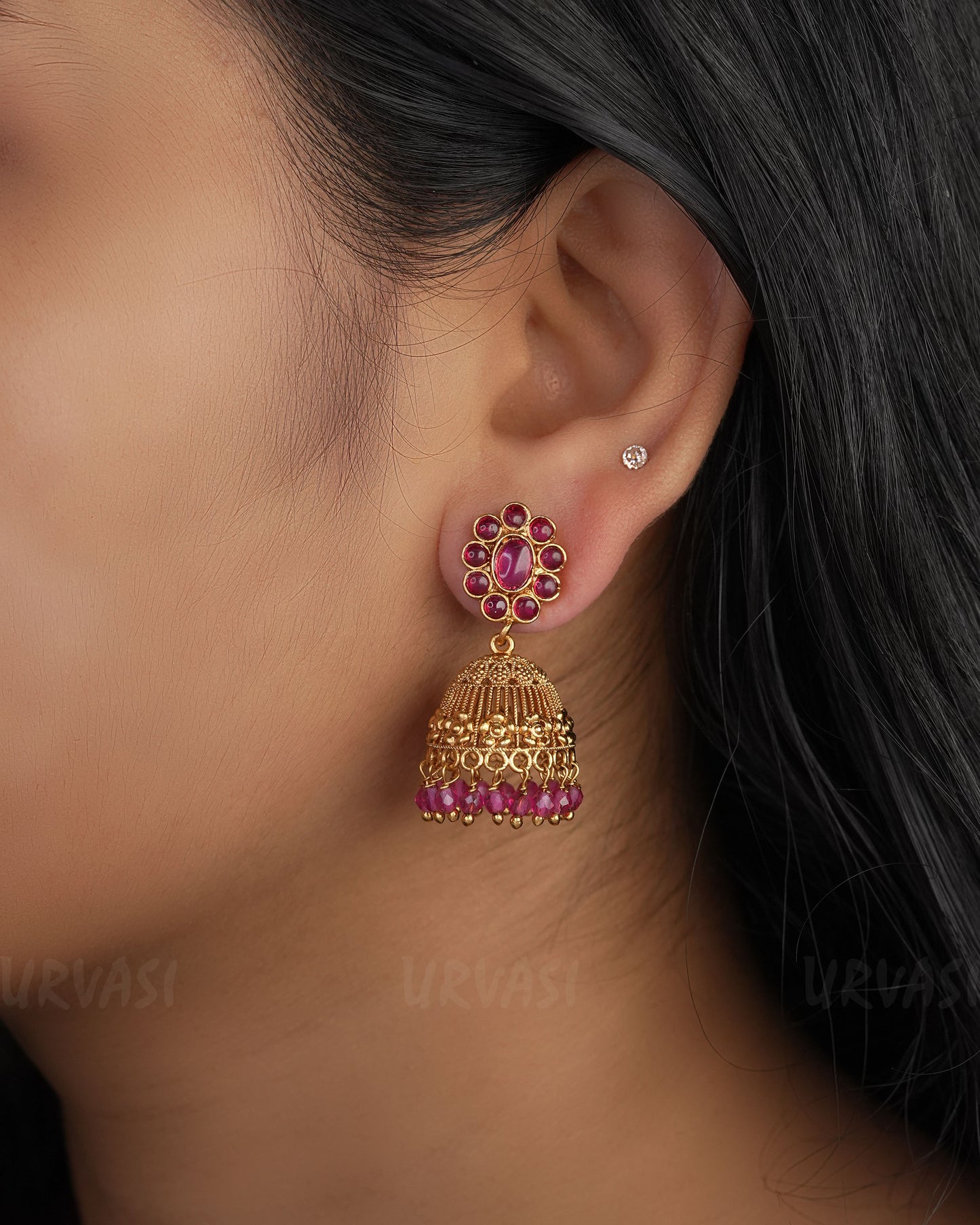 Gold-Toned floral Ruby Earrings ER 15