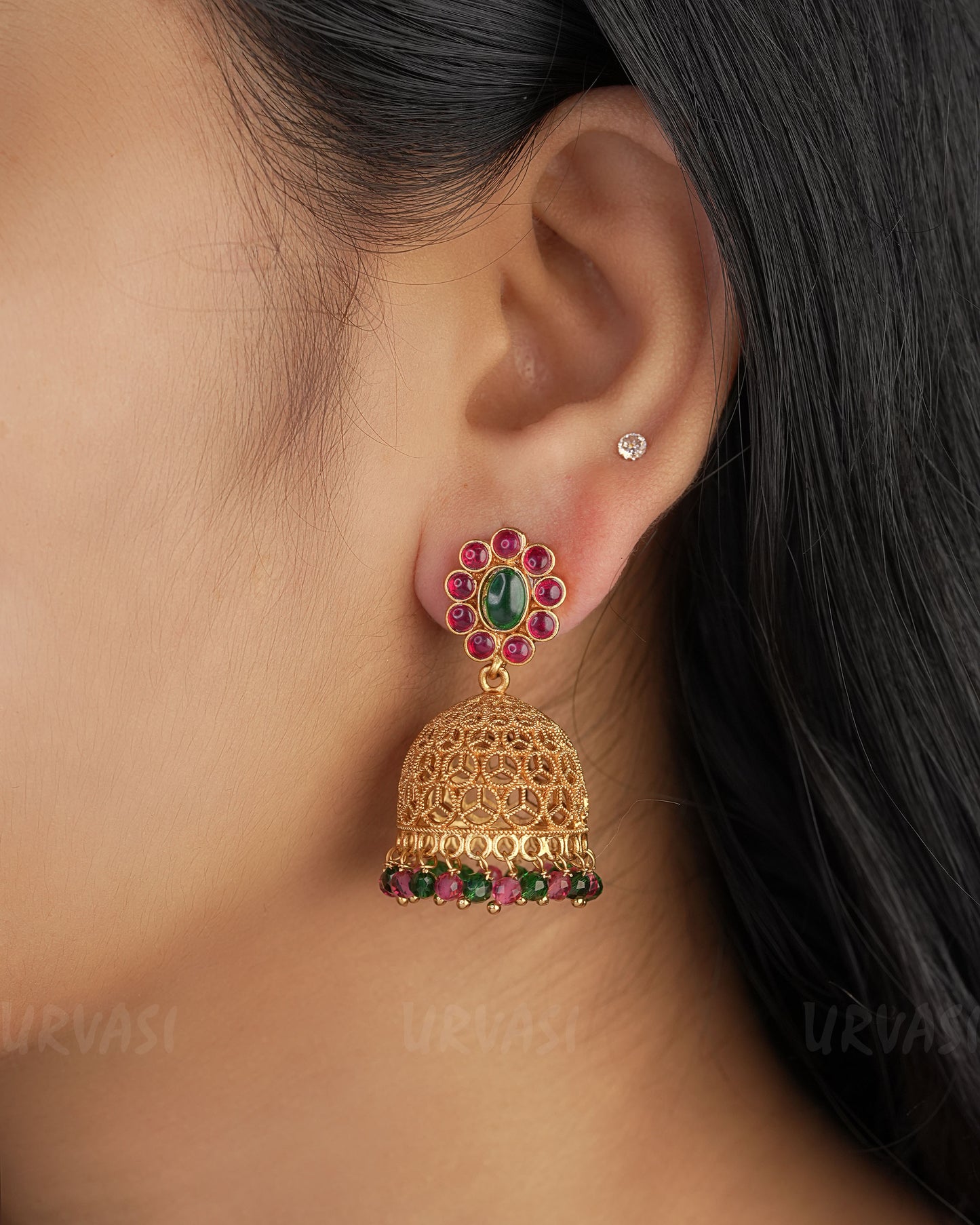 Gold-Toned Floral Ruby Green Jhumka Earrings ER 335