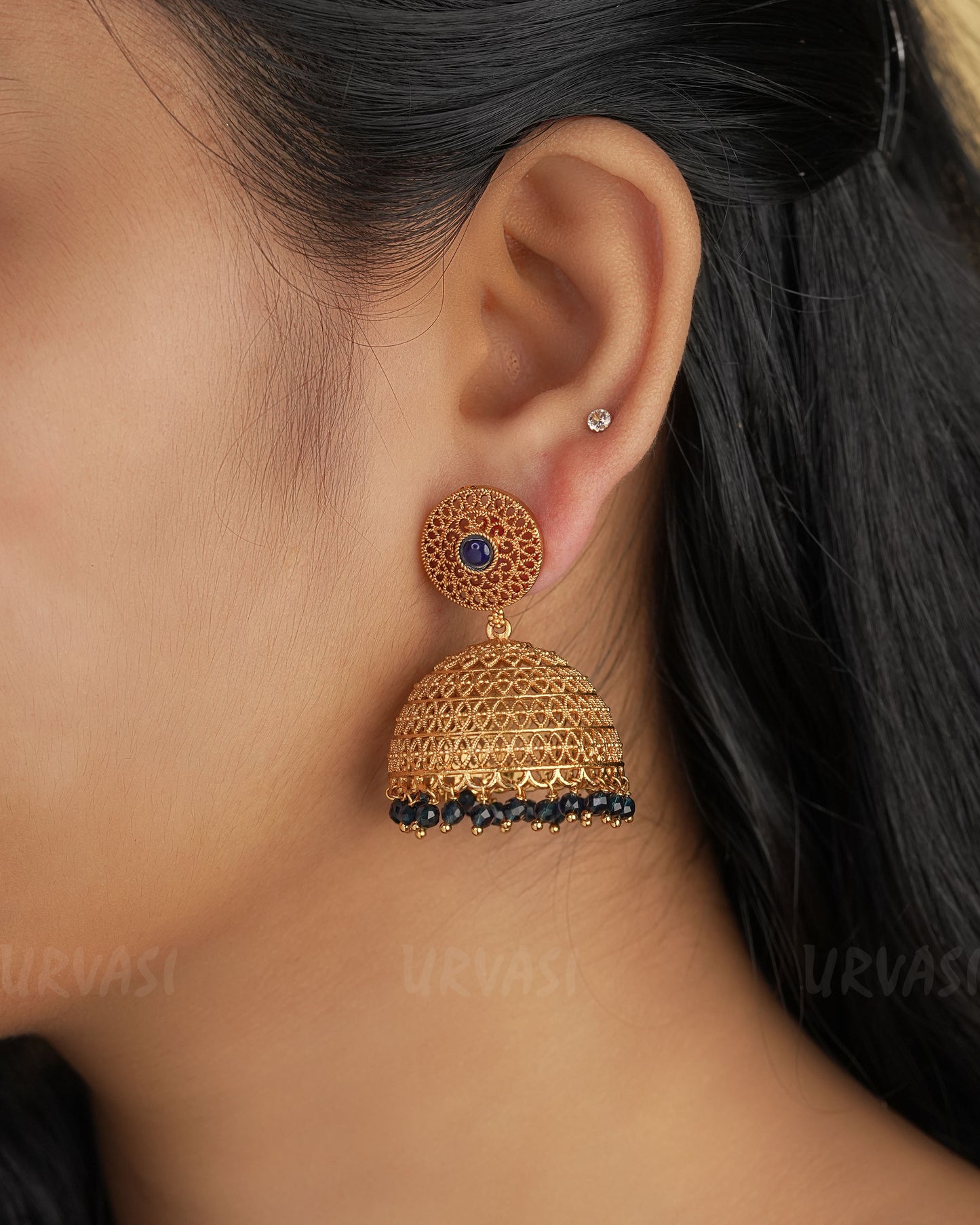 Gold Toned Blue Jhumka Earrings ER 275