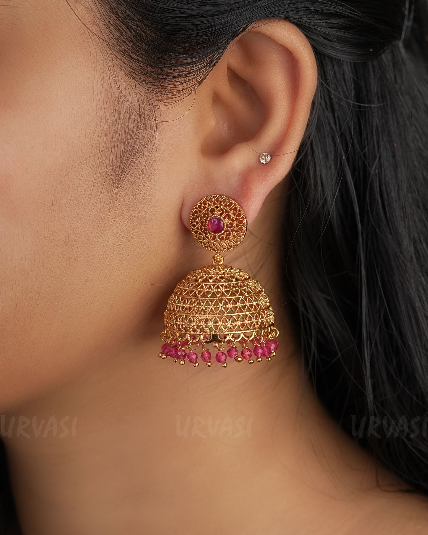 Gold-Toned Ruby Jhumka Earrings ER 268