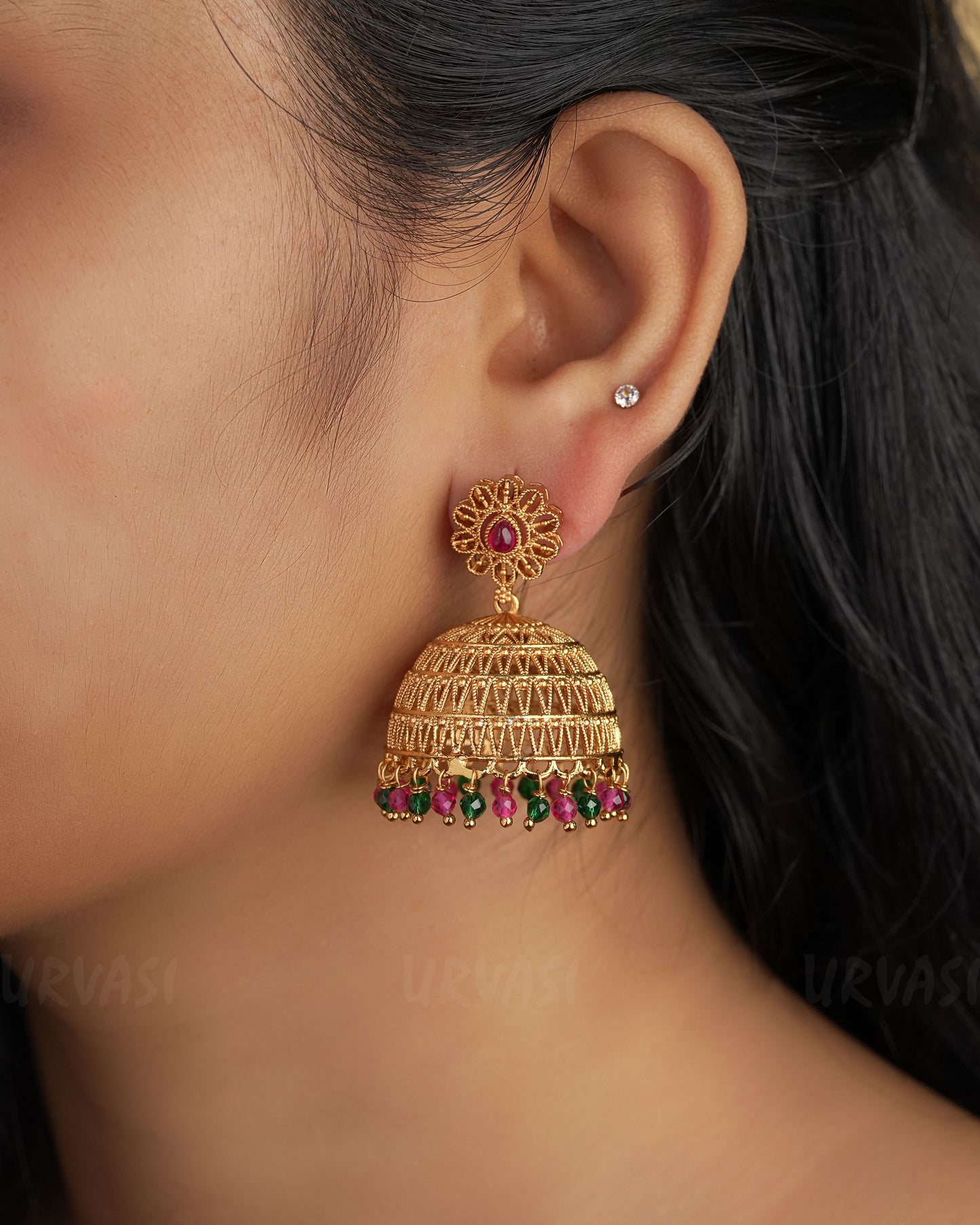 Gold-Toned Tear Drop Designed Bead Hanging Jhumka Earrings ER 252