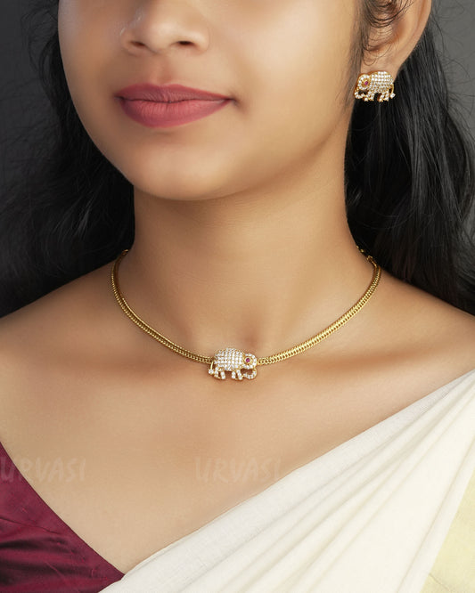 Gold-Toned Elephant Pendant Stone Necklace 1027