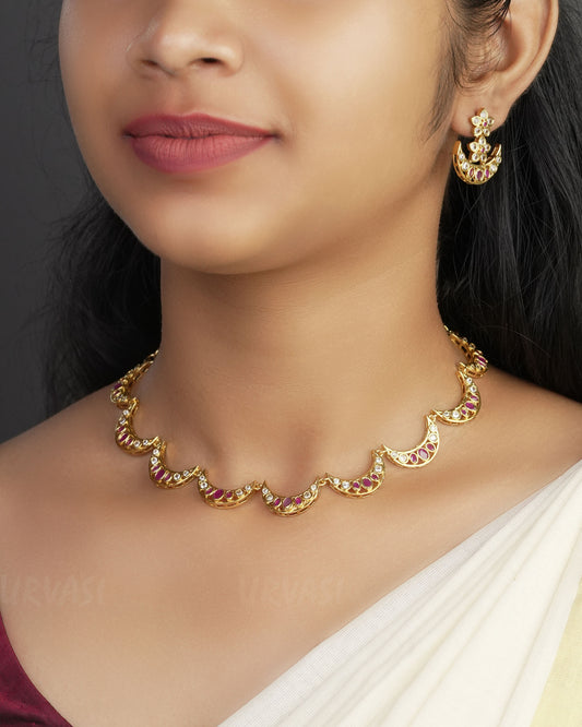 Gold-Toned Chaandbali Designed  Stone Necklace 1034