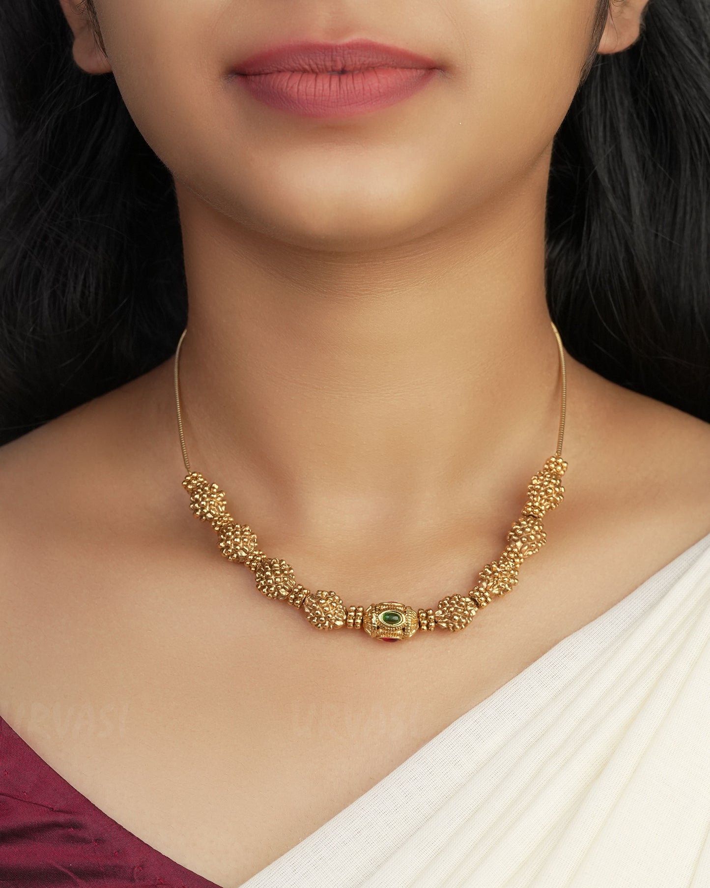 Gold-toned  Beaded Floral Ruby Green Necklace 1031