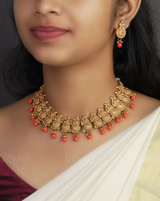 Gold-Toned Floral Designed Coral Hanging Necklace 1054