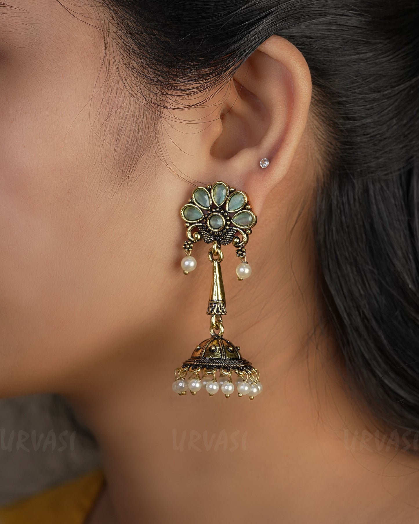 Floral Top Oxidised Gold Jhumka Earrings ER 448