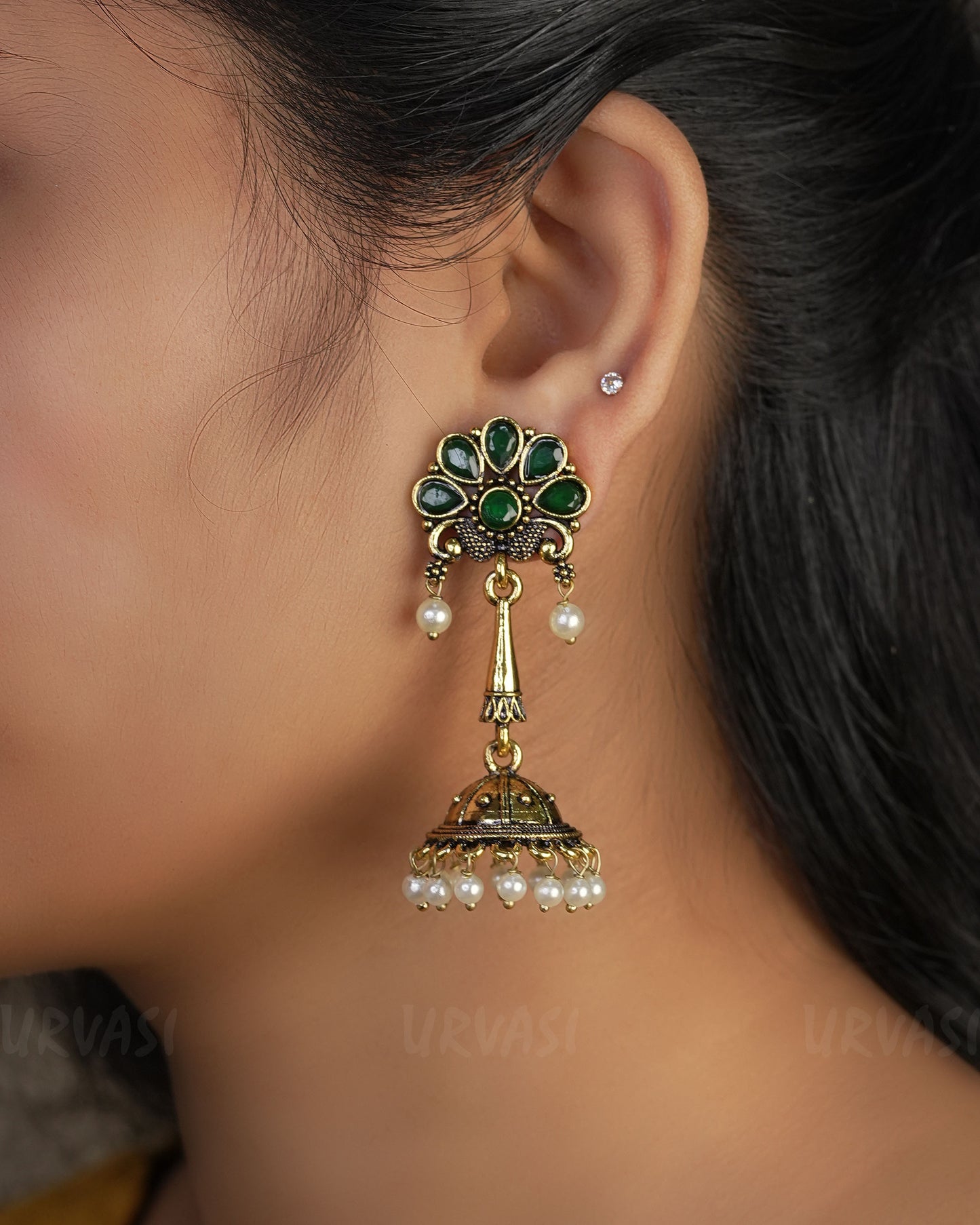 Floral Top Oxidised Gold Jhumka EarringsER 450