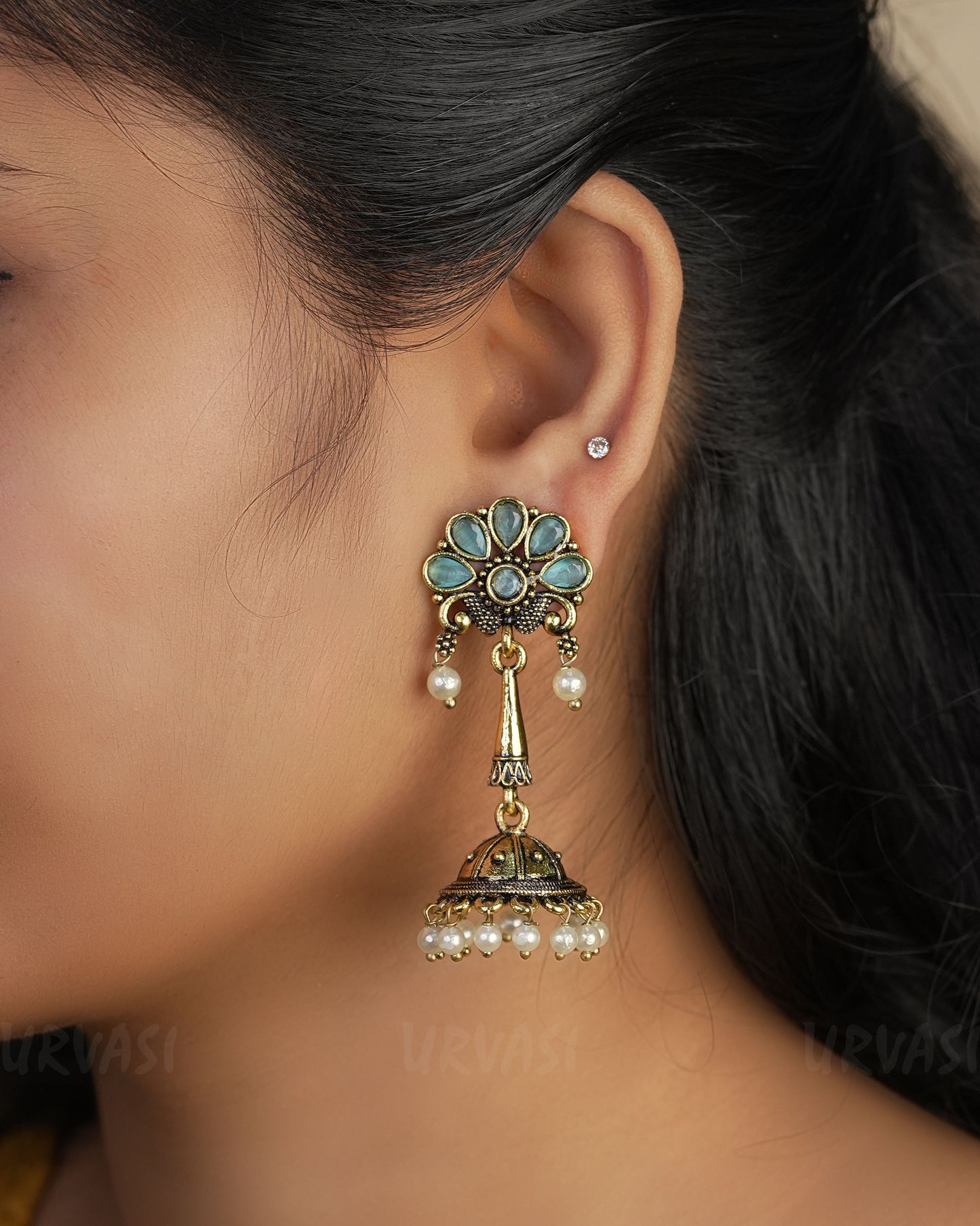 Floral Top Oxidised Gold Jhumka Earrings ER 455