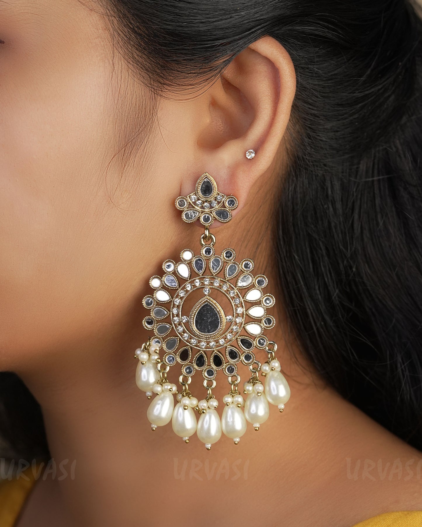 Ghungroo Mirror Oxidised Gold Pearl Hanging Earrings ER 464