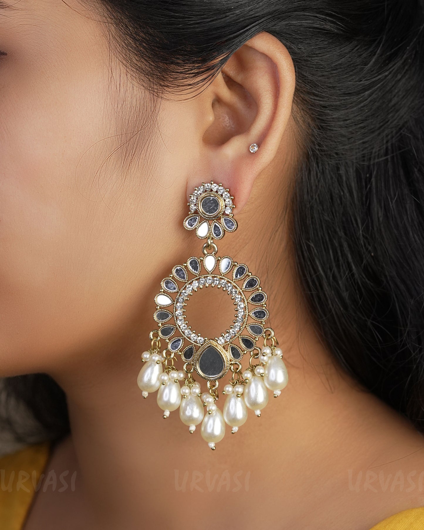 Ghungroo Pearl Mirror Oxidised Gold Earrings ER 463