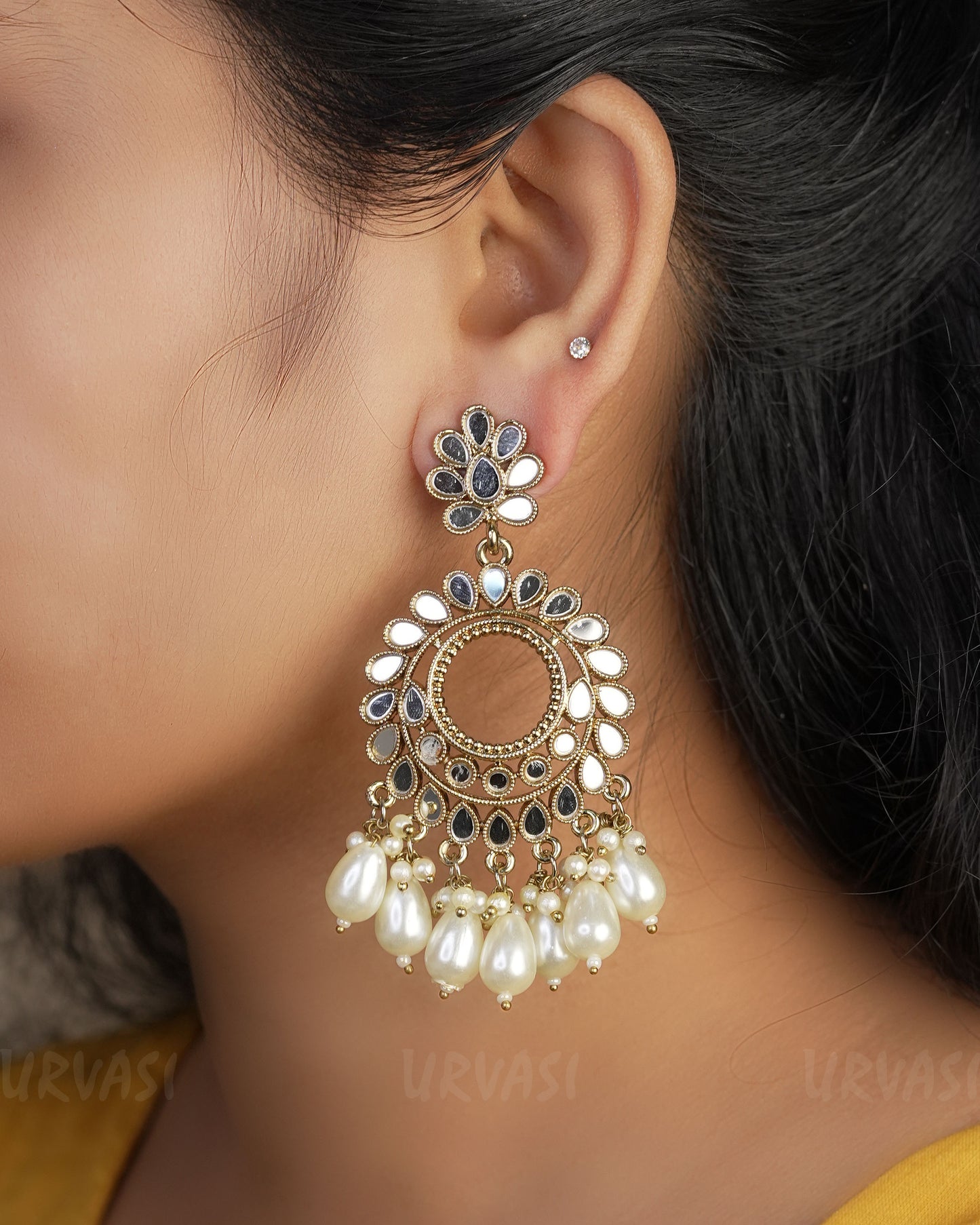 Ghungroo Pearl Mirror Floral Designed Oxidised Gold Earrings ER 462