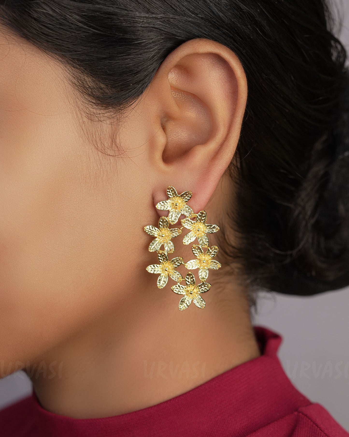 Gold-Toned Floral Cluster Drop Earrings ER 478