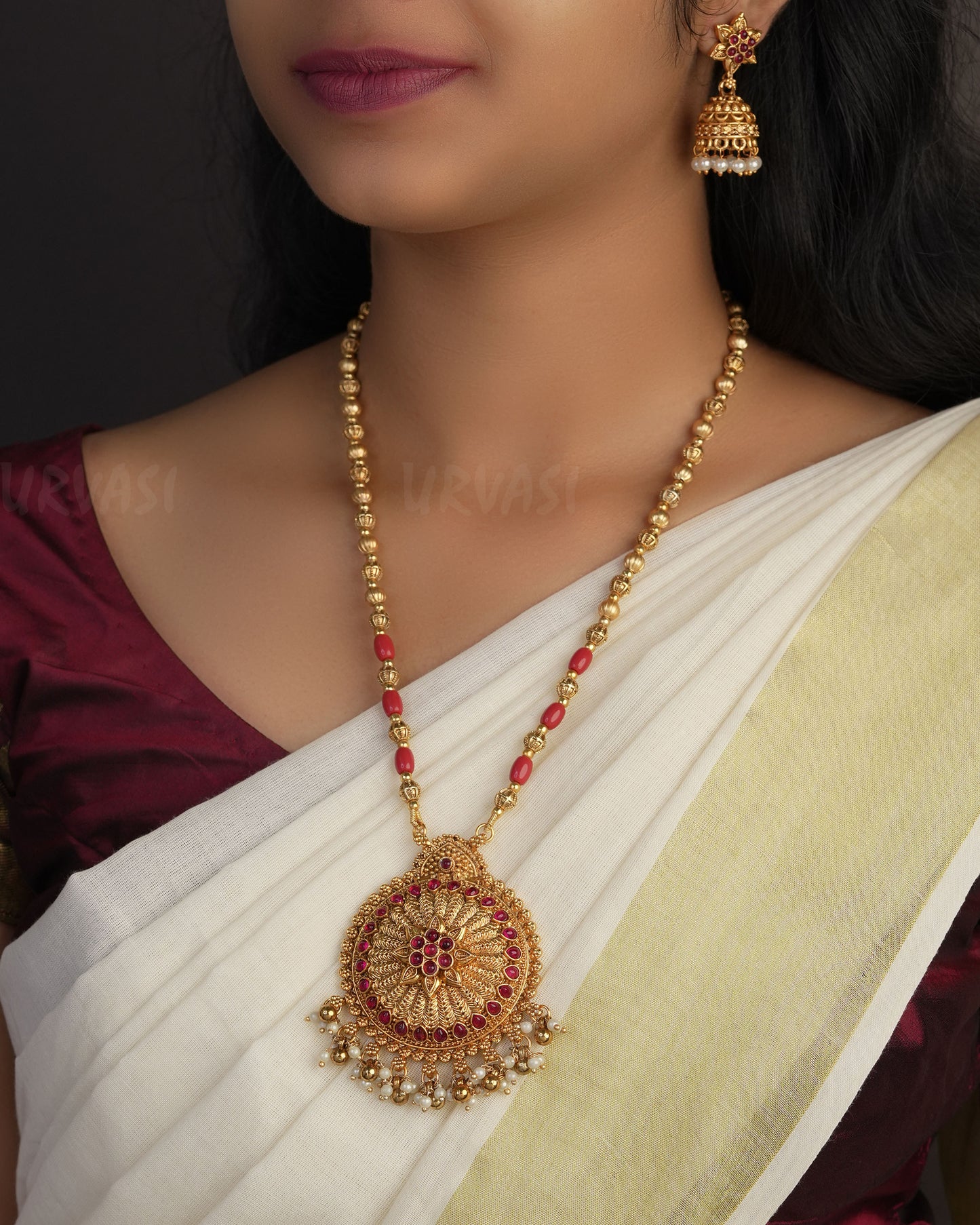 Gold-Toned Floral Designed Coral Long Necklace 1058