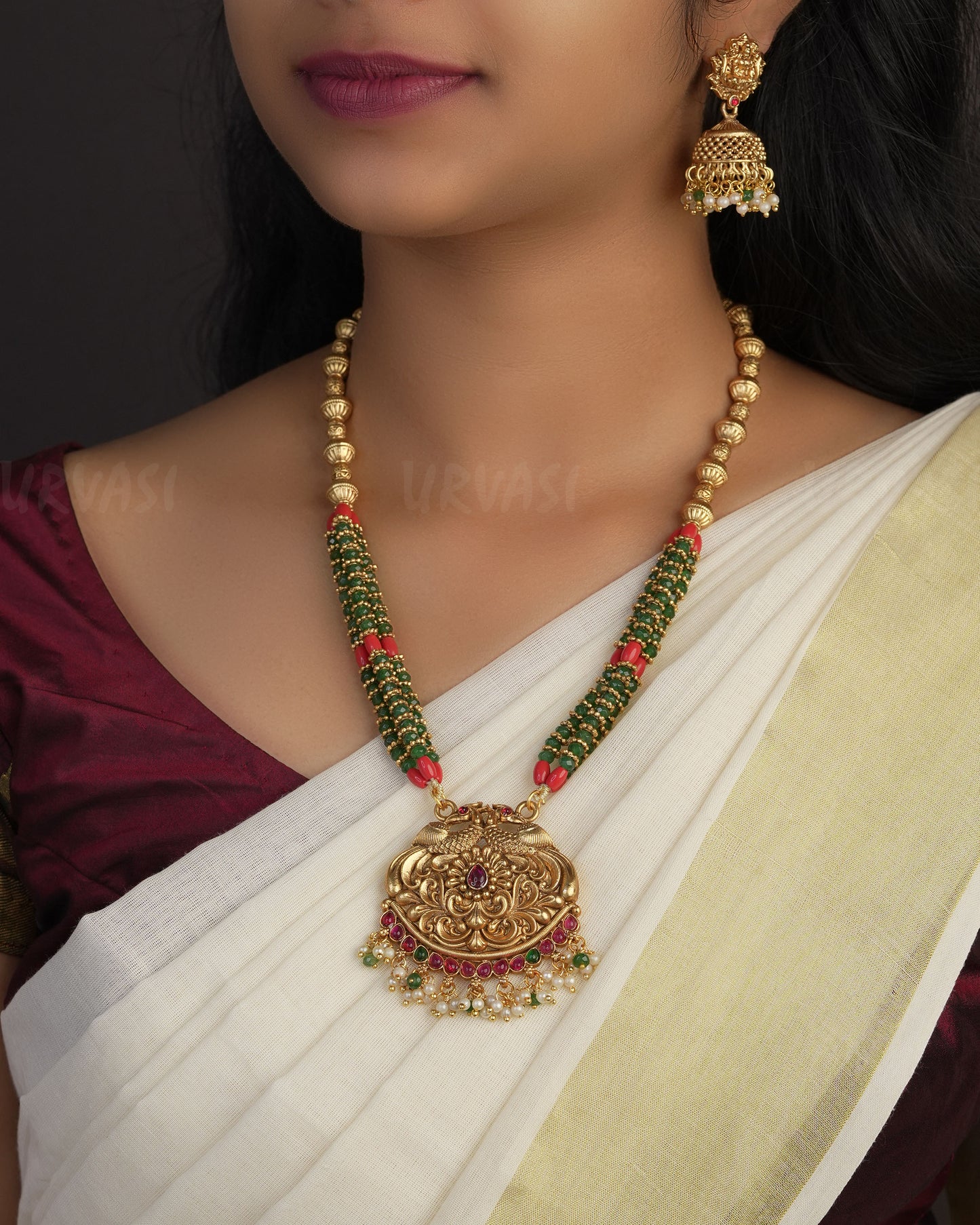 Gold-Toned  Temple Peacock Motif Coral Accents Green Beads Long Necklace 1059