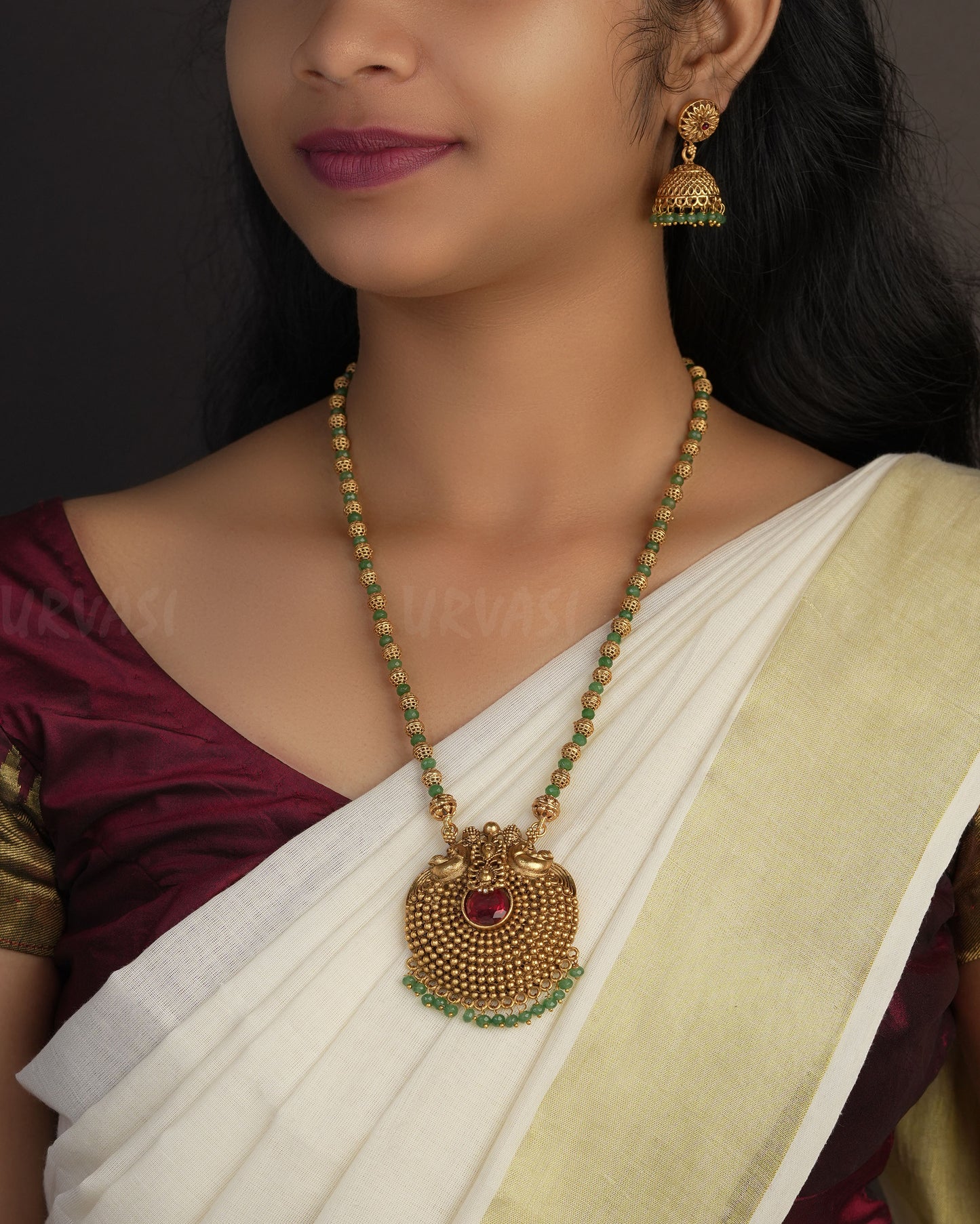 Gold-Toned Round Naga Peacock Motif Haram Long Necklace 1082