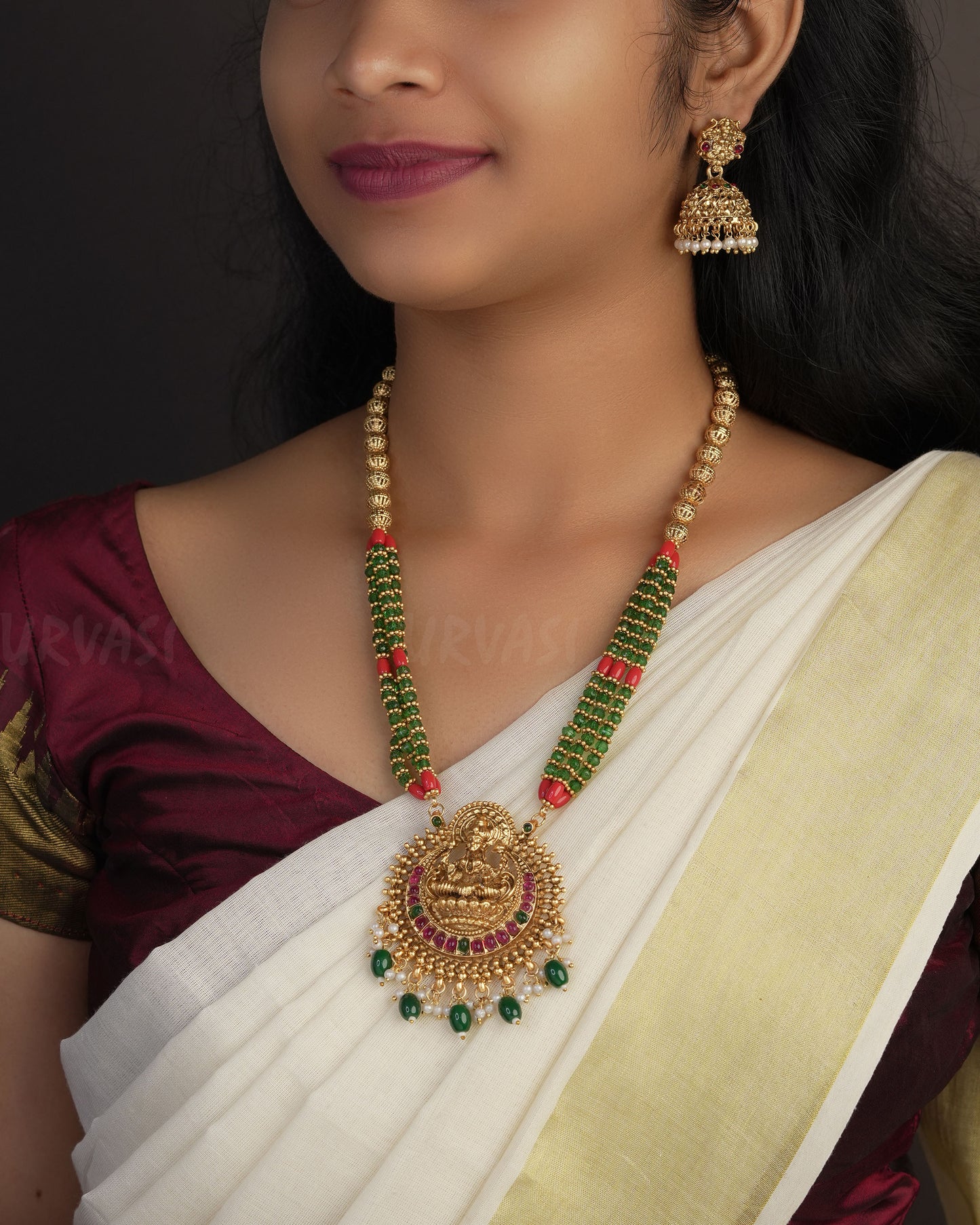 Gold-Toned Lakshmi Pendant Bead Accents Long Necklace 1083