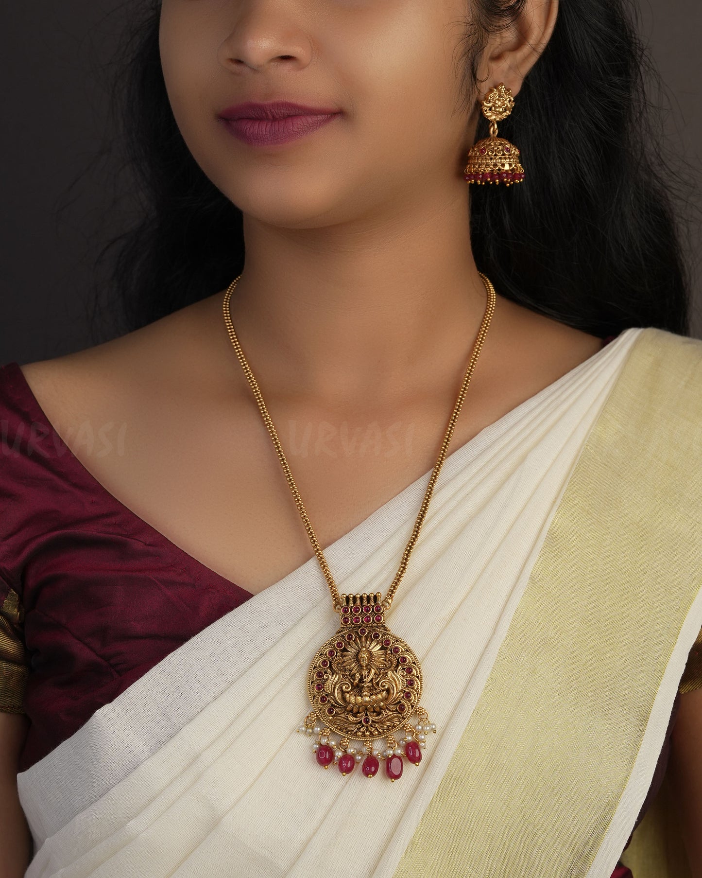 Gold-Toned Lakshmi pendant With Bead Accents Long Necklace 1073