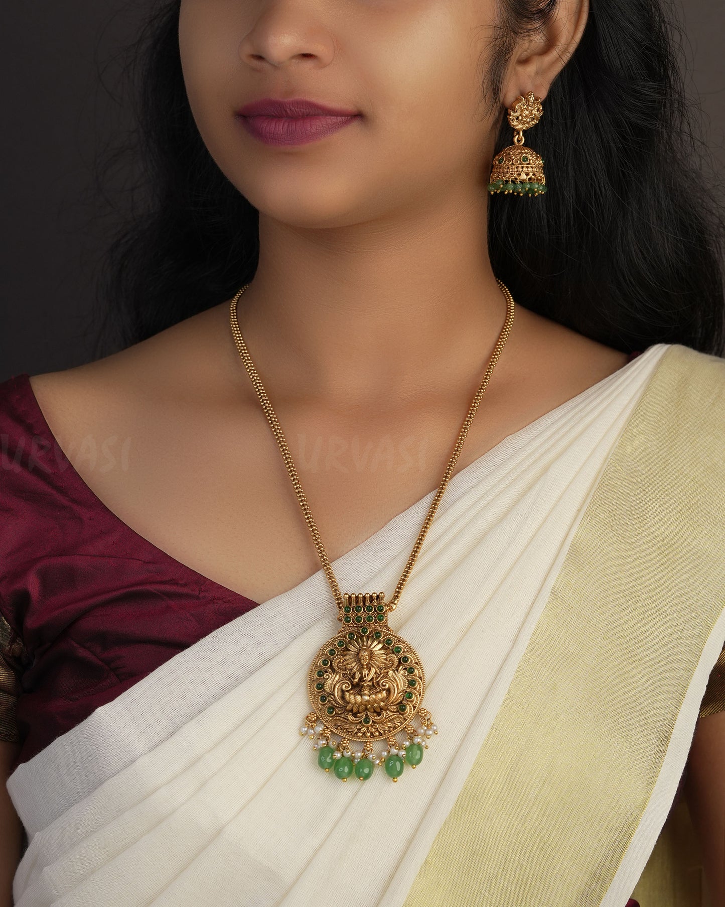 Gold-Toned Lakshmi pendant With Green Bead Accents Long Necklace 1072
