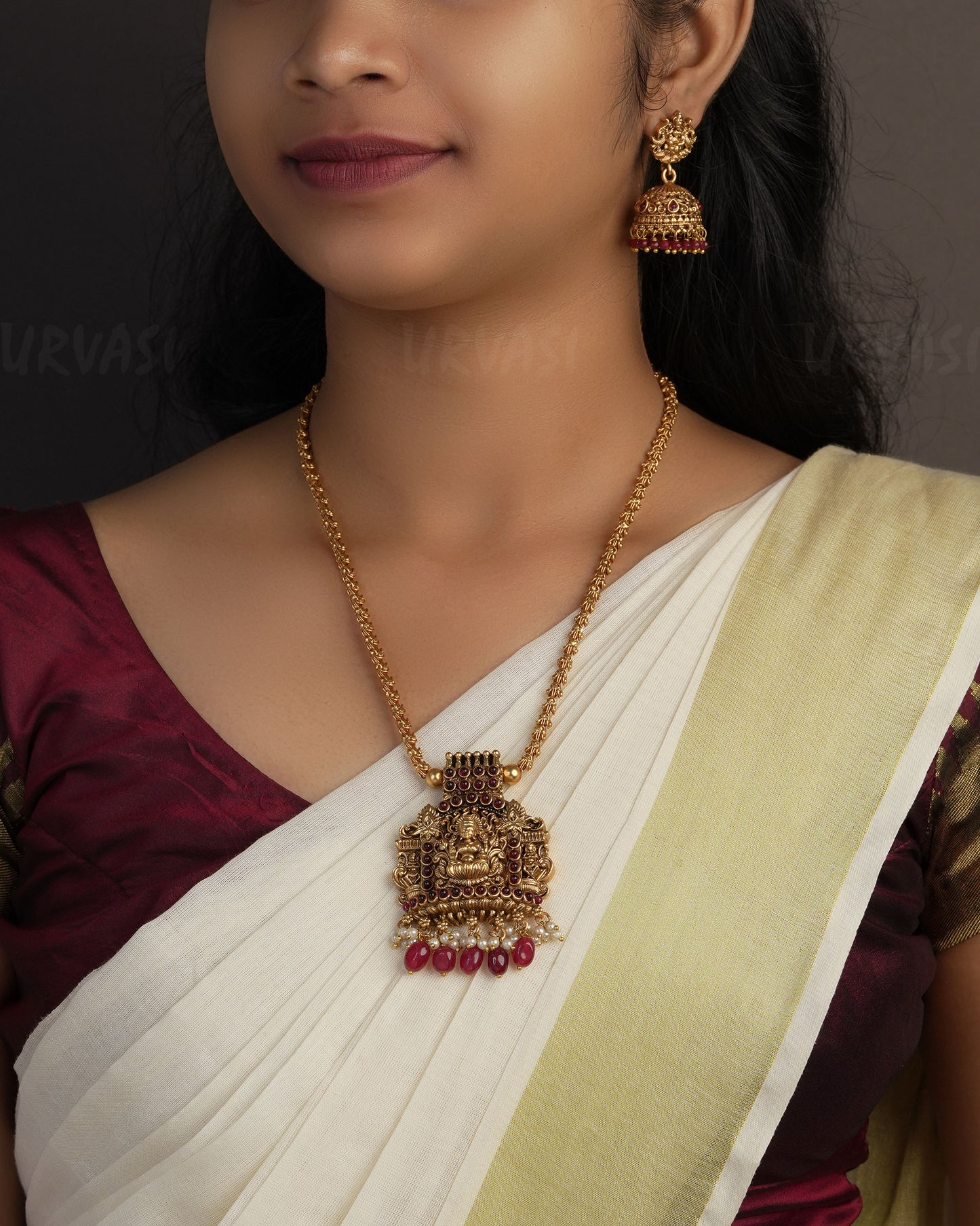 Gold-Toned Gajalakshmi Pendant Long Necklace 1108