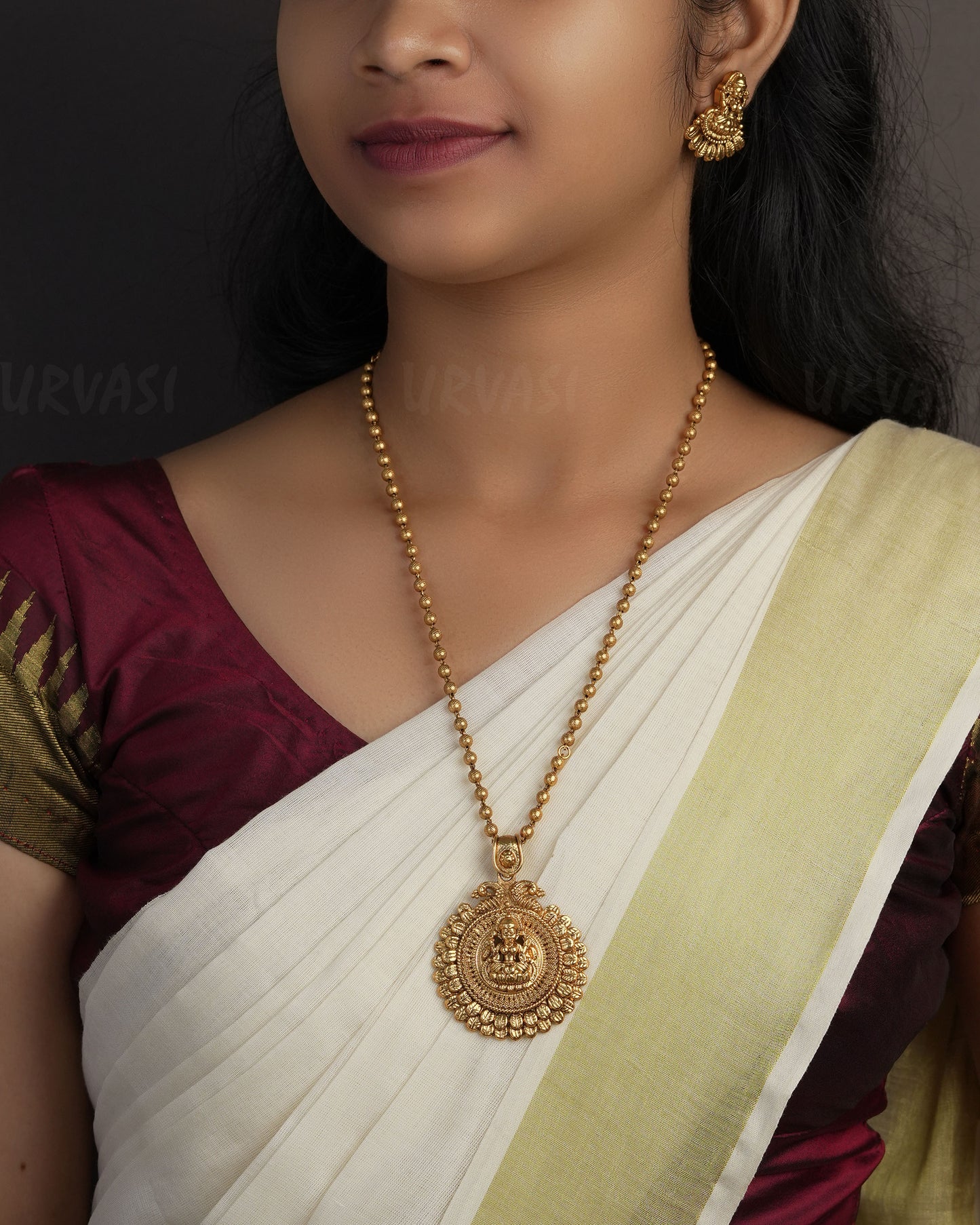 Gold-Toned Lakshmi Pendant Peacock Motif Long Necklace 1103