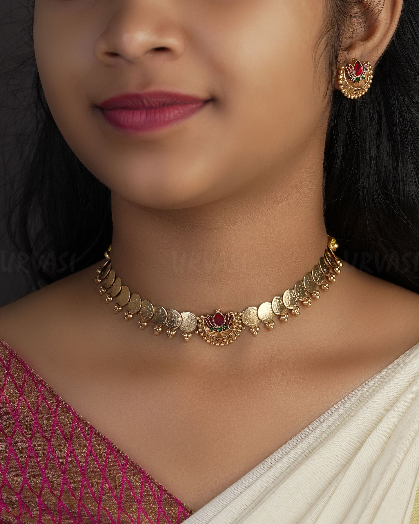 Gold-Toned Lotus Motif Coin Designed Necklace 1148