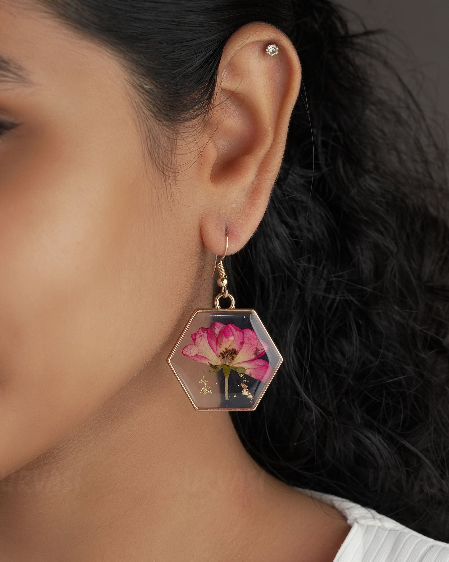 Gold-Toned Resin Handmade Rose Hanging Earrings ER 520