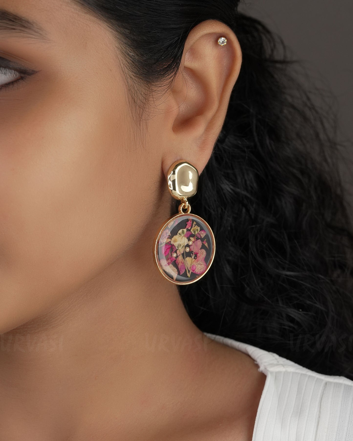 Gold Polish Resin Handmade Floral Hanging Earrings ER 523