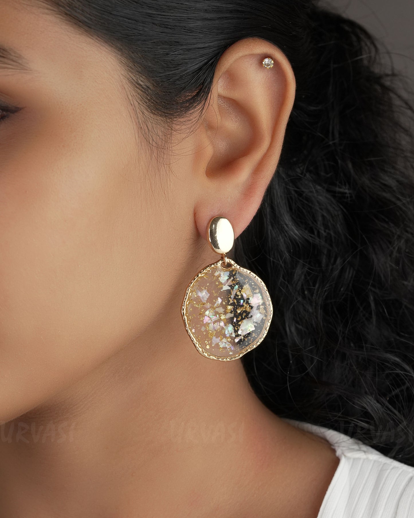 Gold Polish Resin Handmade Aubrey Glitter Hanging Earrings ER 526