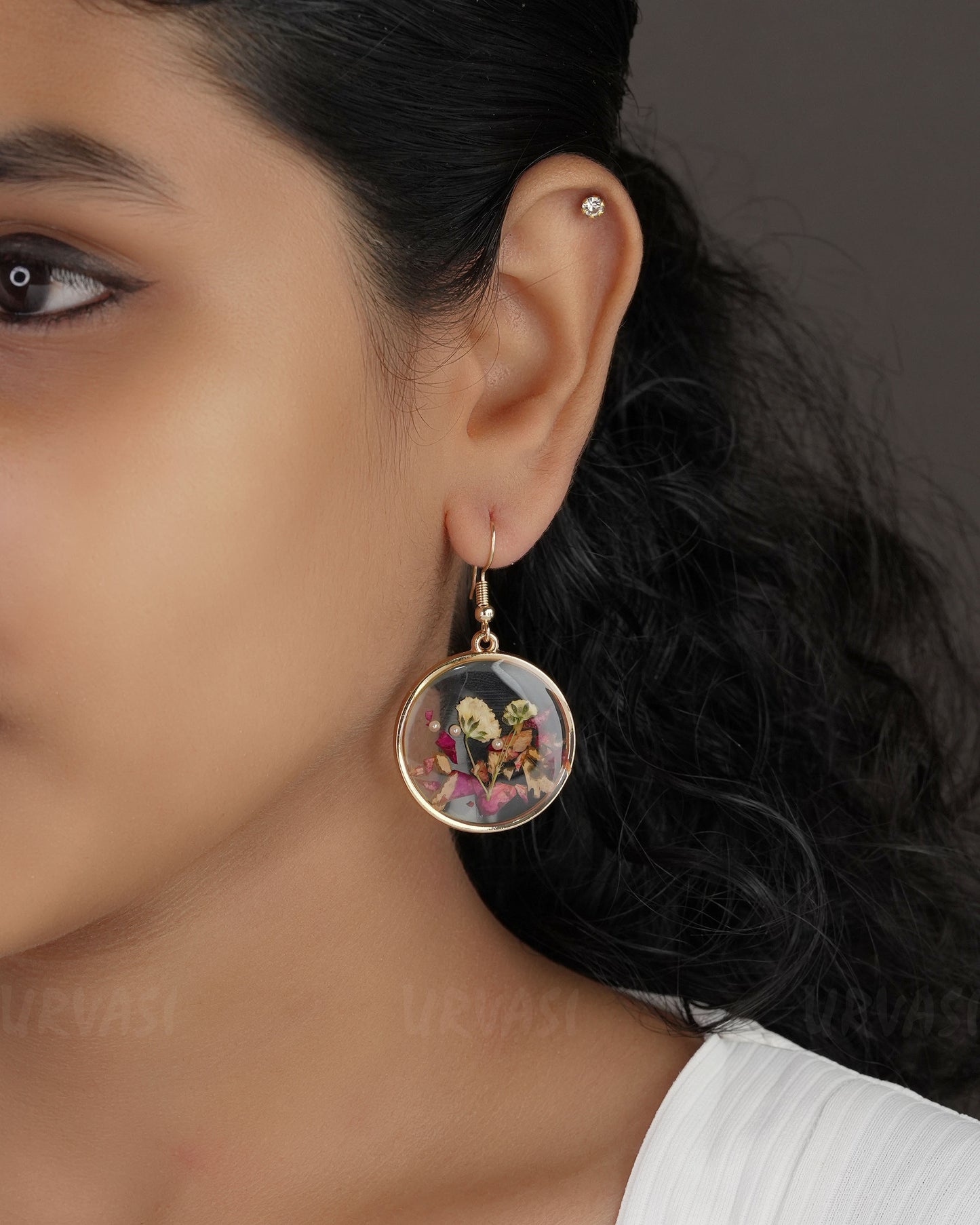 Gold Polish Resin Handmade Floral Hanging Earrings ER 381