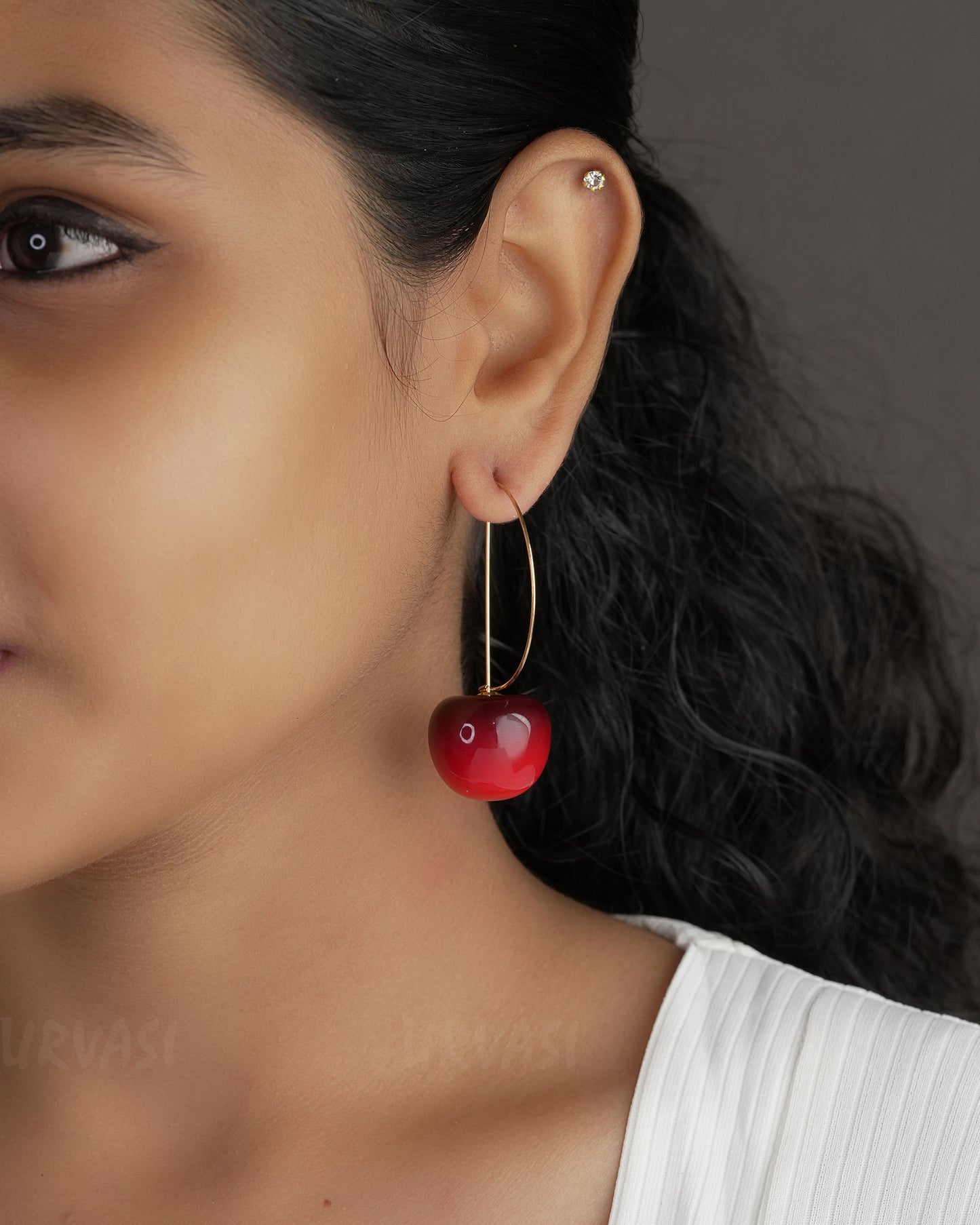 Gold-Polish Red Resin Cherry Drop Earrings ER 538