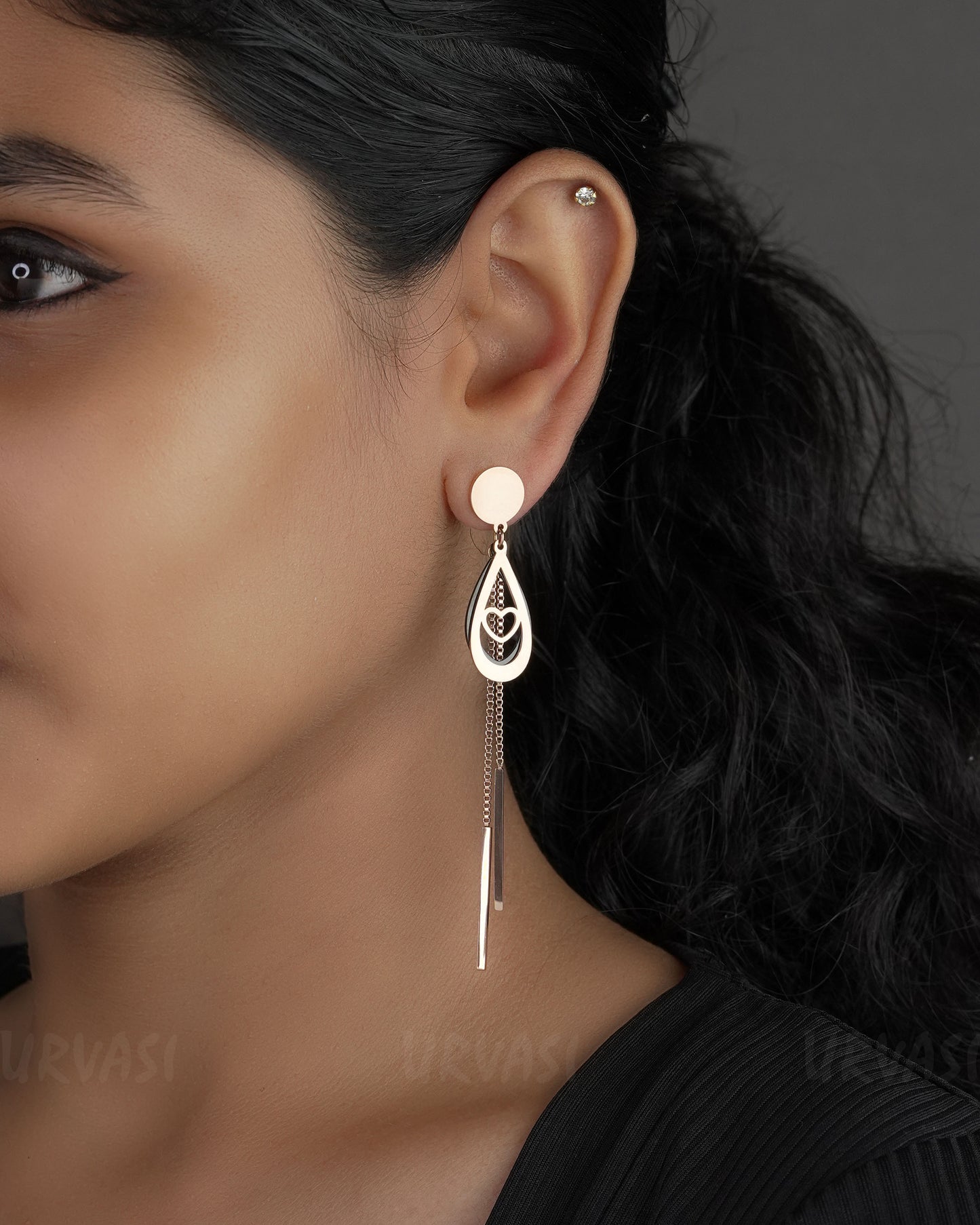 Rose-gold Toned Black-Drop Dangle Earrings ER 554