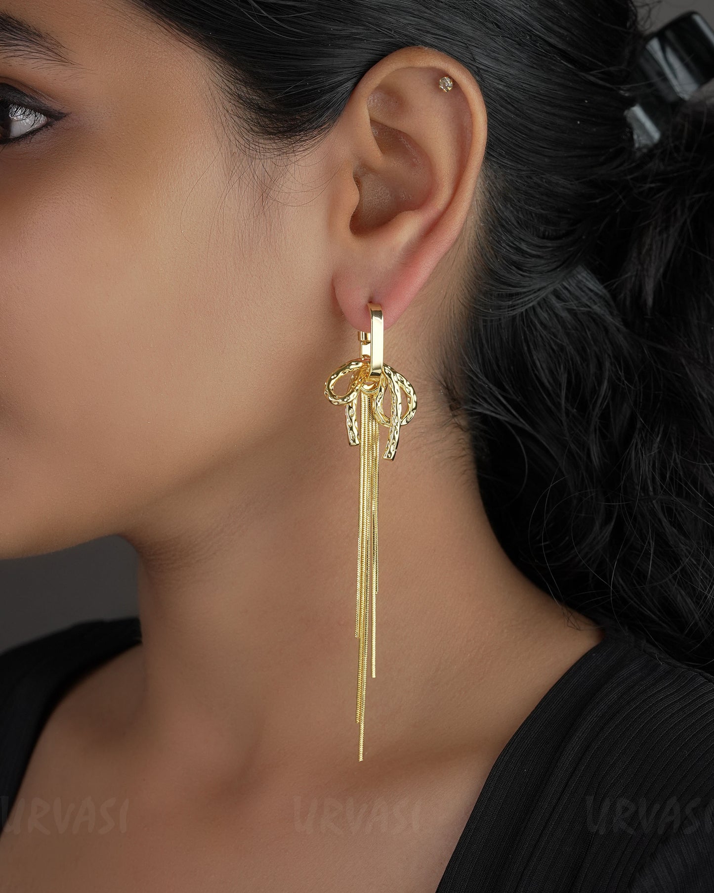 Glossy Gold Chain Tassel Dangle Earrings ER 548
