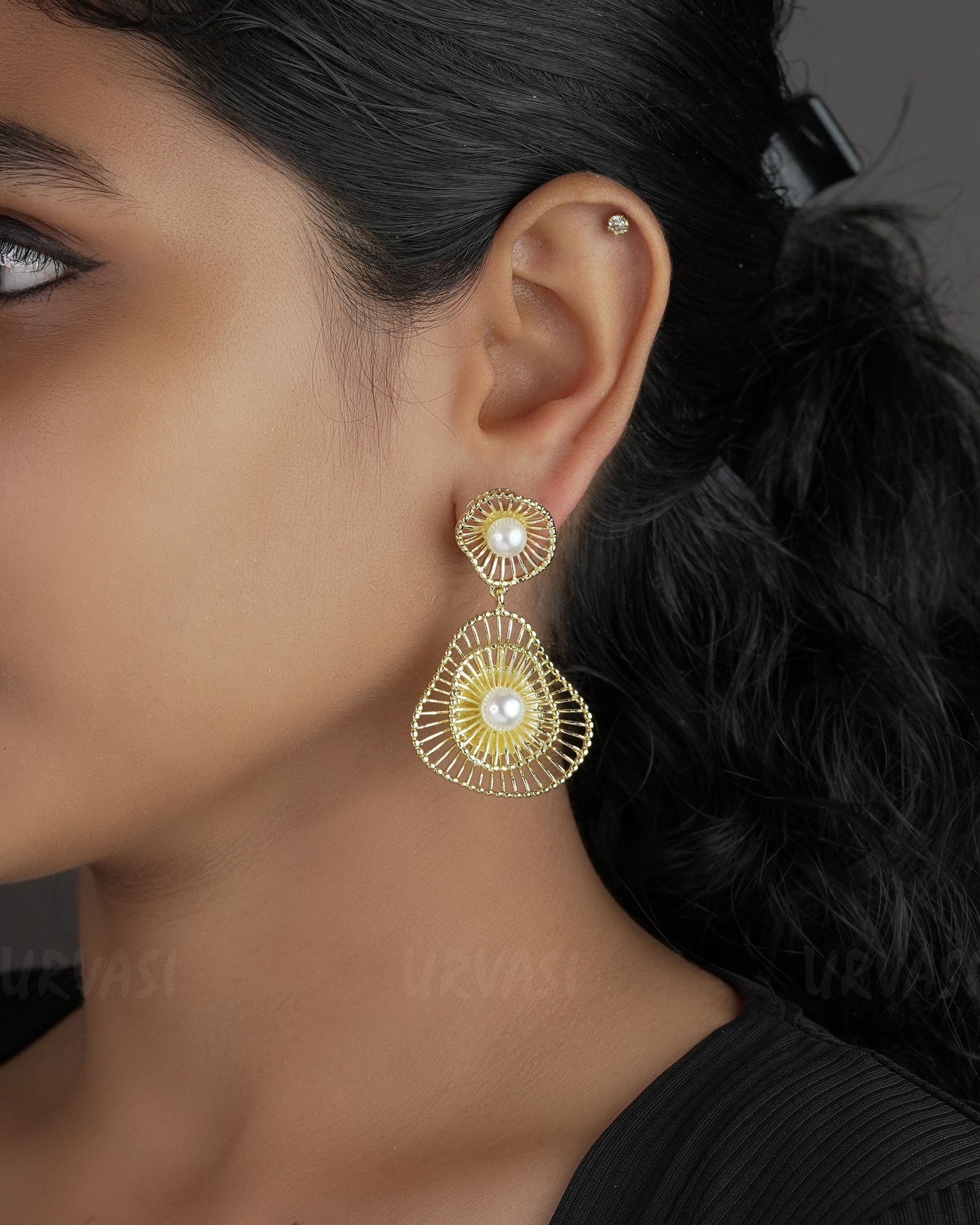 Gold-Toned Openwork Drop With White Faux Pearl Earrings ER 543