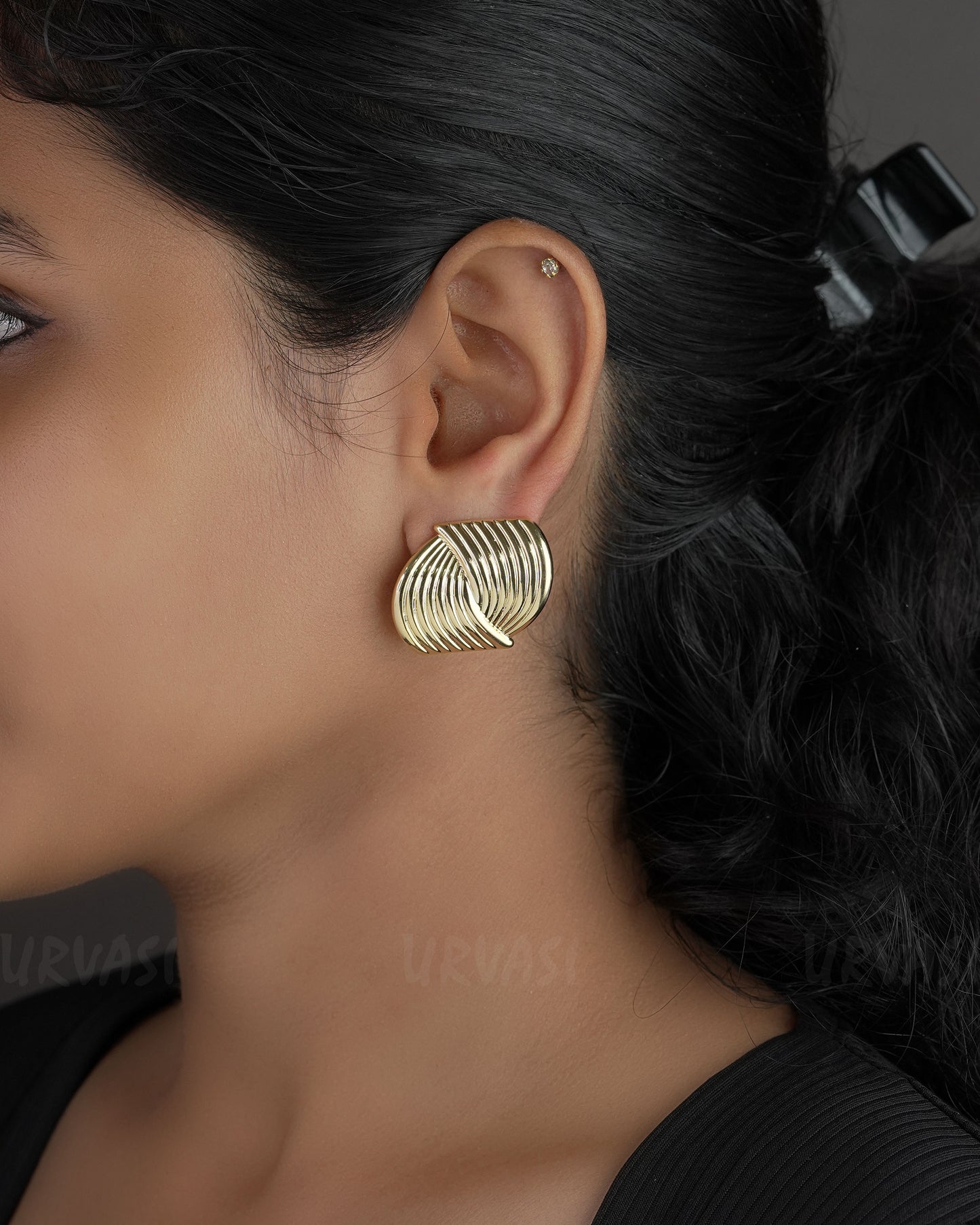 Gold-Toned Chunky Textured Wave Stud Earrings ER 745