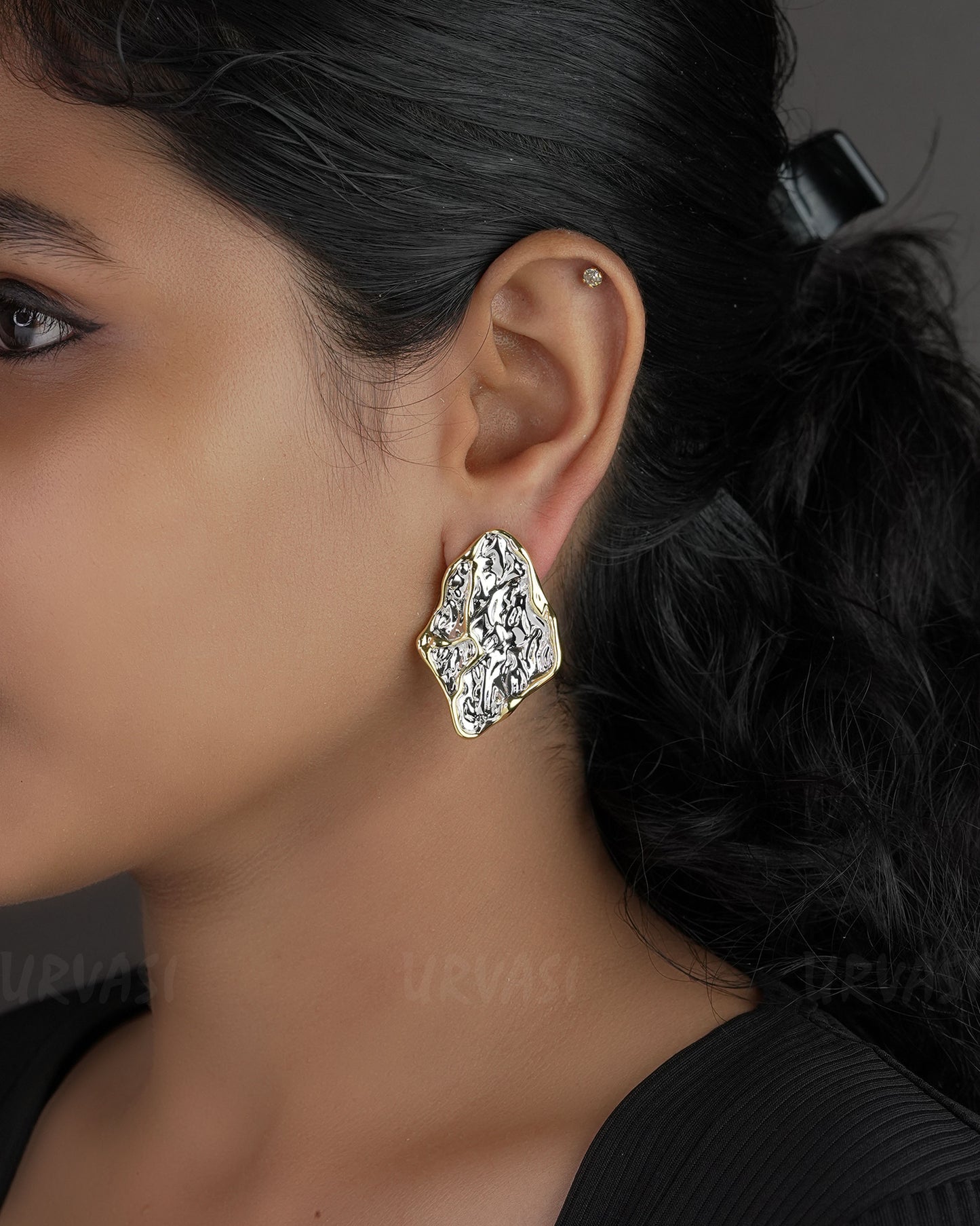 Gold-Silver Toned Needle Hong Kong Retro Magma Texture Earrings ER 570