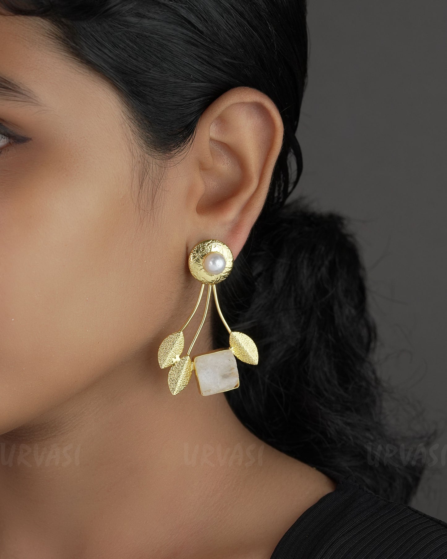 Gold Polish Ethnic Mother of Pearl Drop Leaf Earrings ER 737