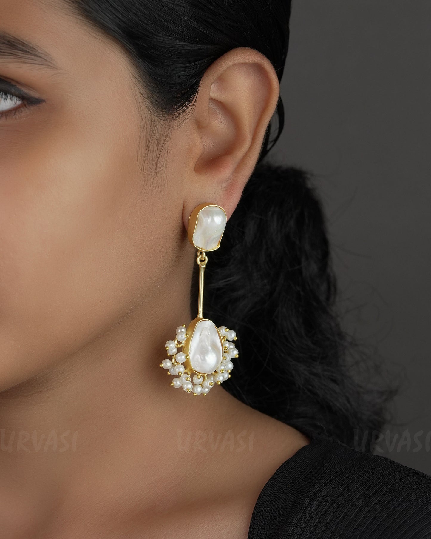 Gold Polish Drop Designed Mother of Pearls Earrings ER 739