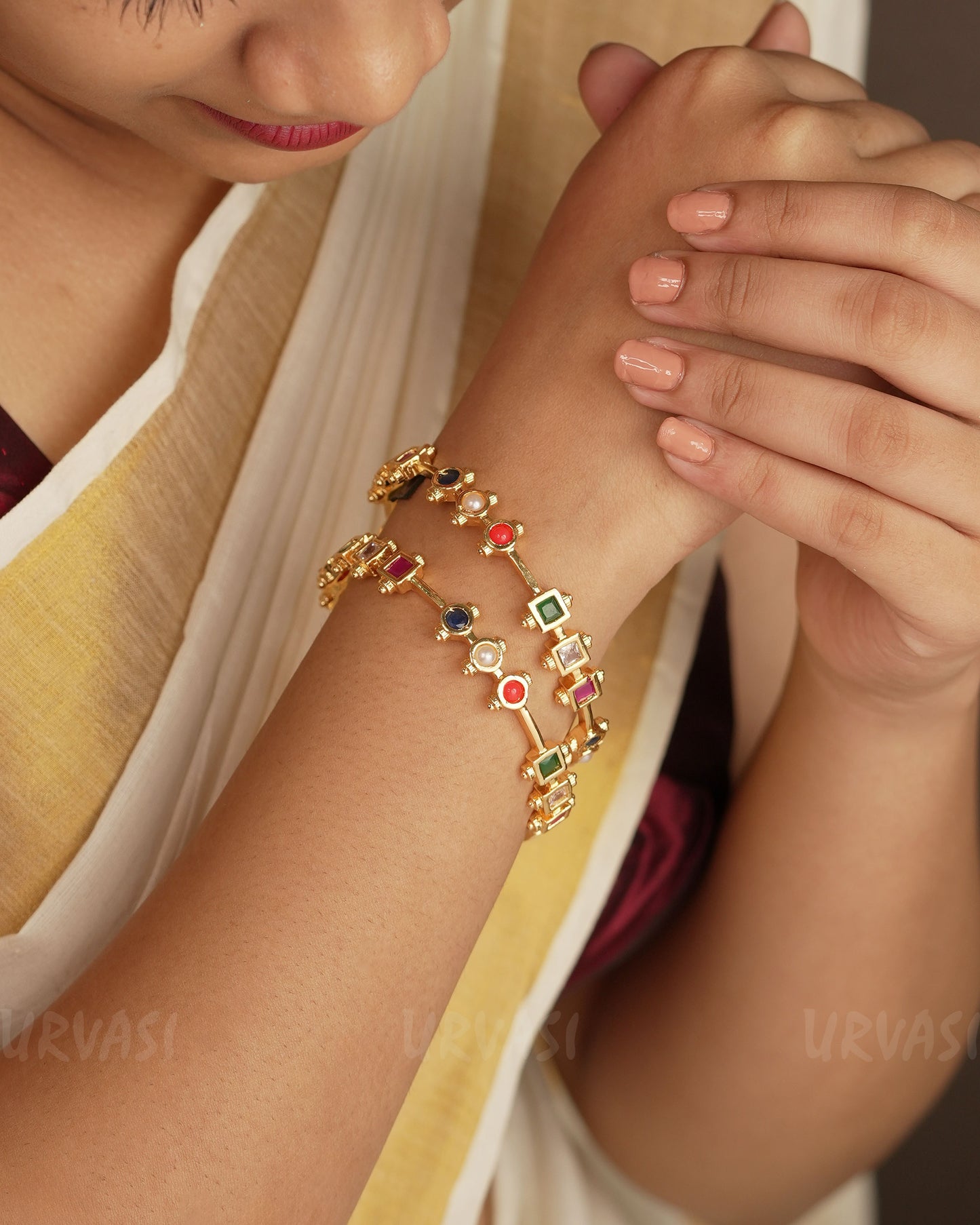 Gold-Toned Square Designed Multi Stone bangles BA 346{Set of 2}