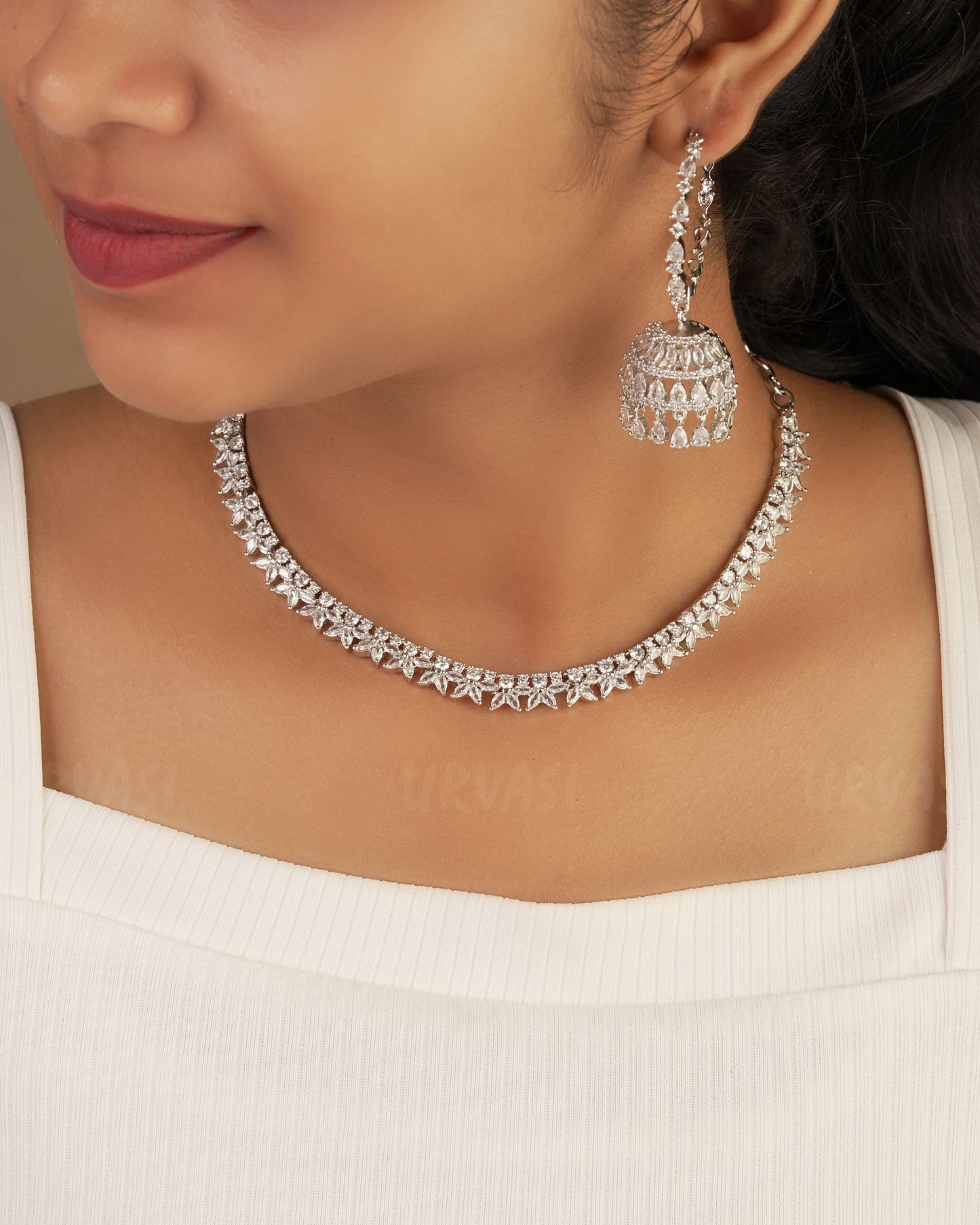 Rhodium Polish Floral AD Necklace 1219