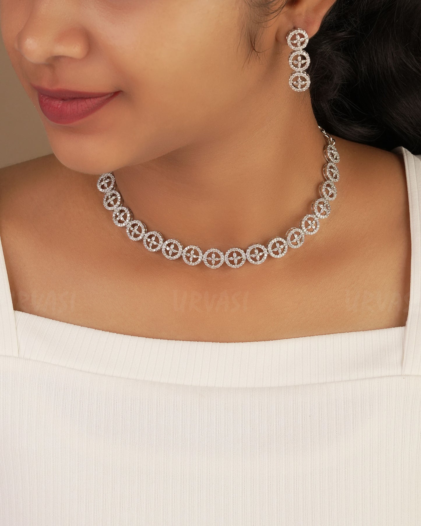 Rhodium Polish Floral Round-Designed AD Necklace 1222