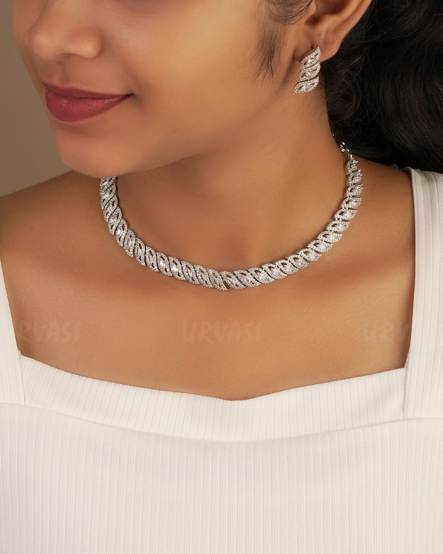 Rhodium Polish Leaf-Designed AD Necklace 1224