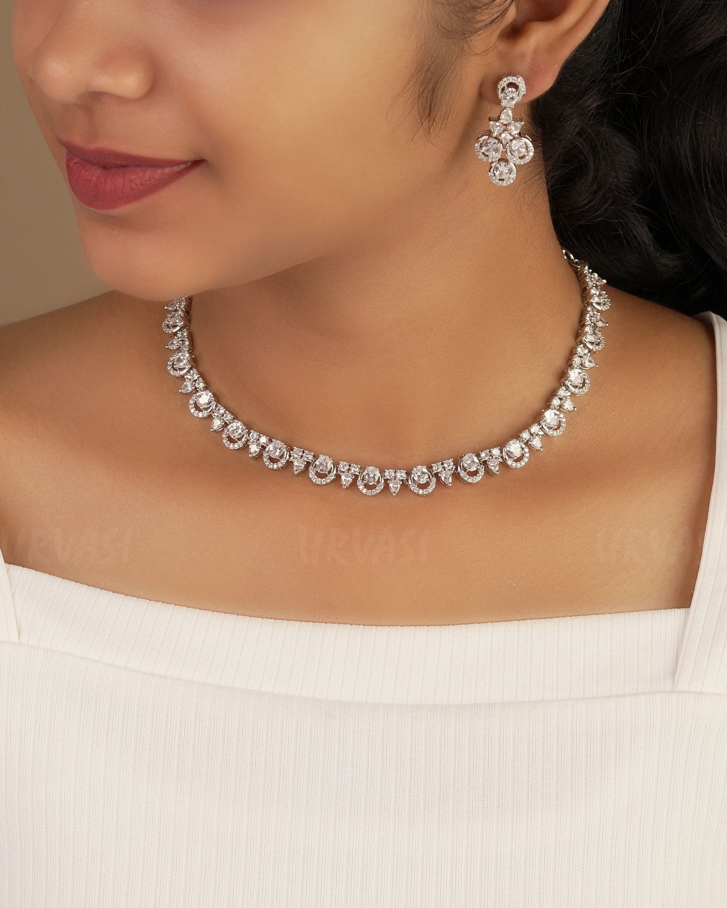 Rhodium Polish Tear-Drop Designed AD Necklace 1225